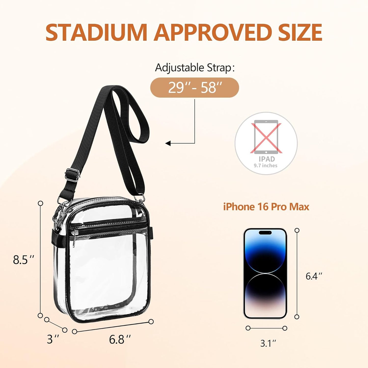 Clear Bag for Stadium Events, Clear Purse with Removable Strap, Messenger Bag for Concert Work Sports and Fetivals