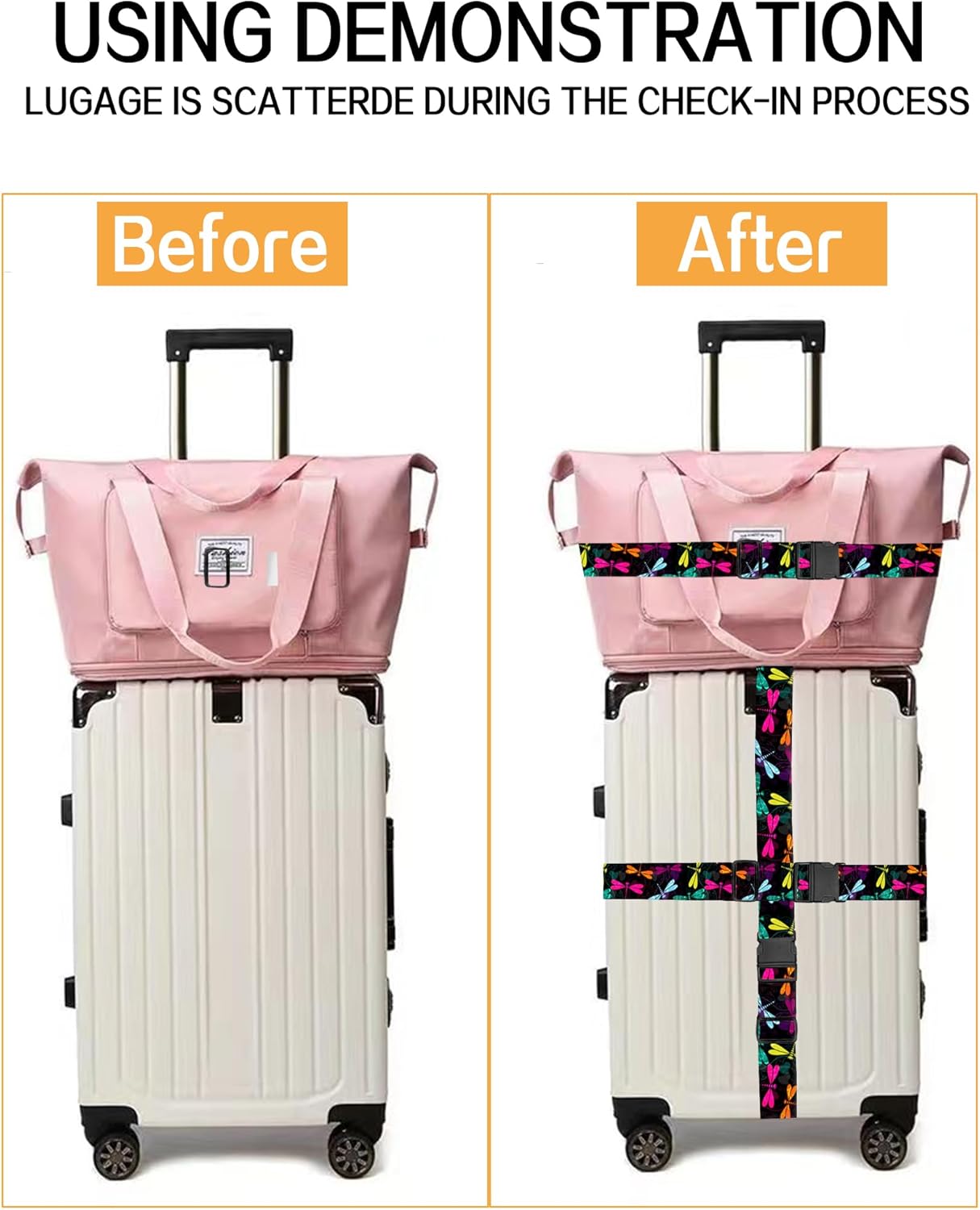 Luggage Straps for Suitcases, Adjustable Travel Belt, Durable Wide Luggage Strap, Cute Suitcase Strap Identifiers with Buckle, Bag Straps for Luggage, Colorful Dragonfly