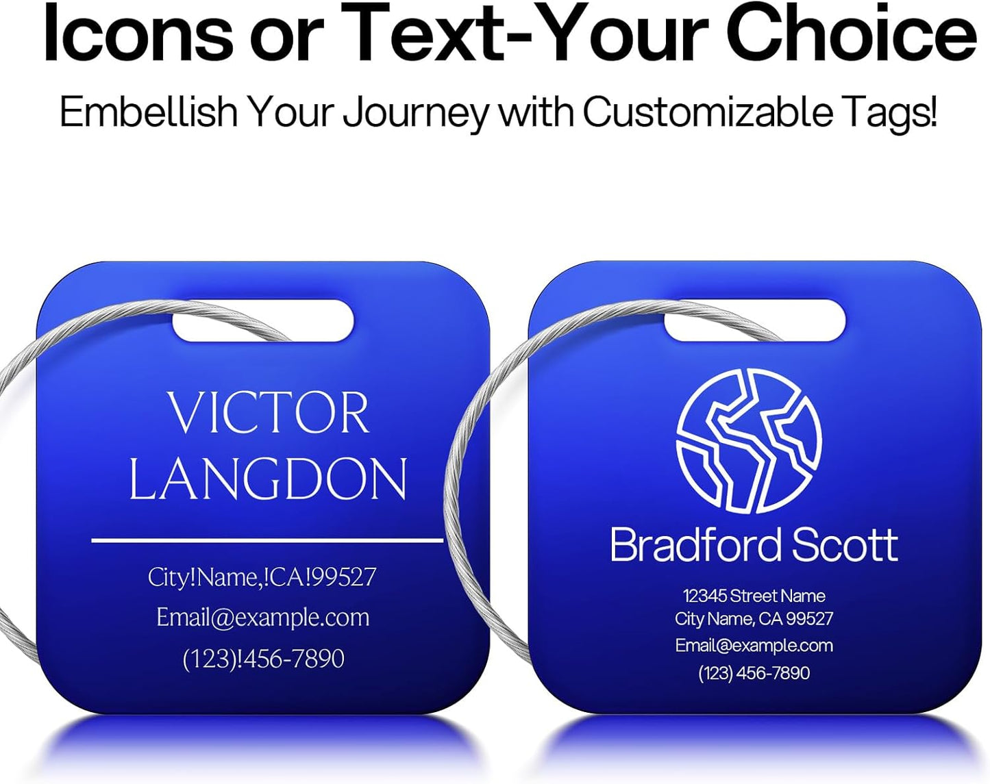 Initial Personalized Luggage Tags for Suitcases - Laser Engraved Stainless Steel Custom Name ID Tag for Backpack and Bag Kids, Women - Metal Baggage Tags Travel Essentials Accessories(Square-Blue)