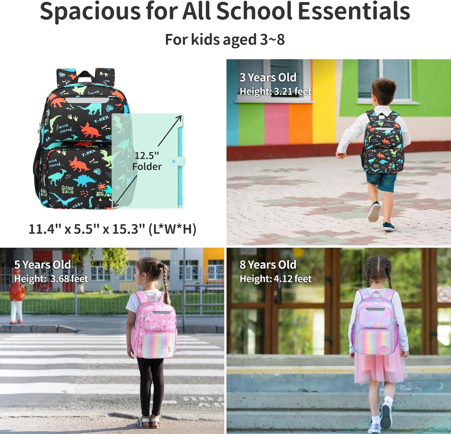 Kids Backpack for Boys - 15 Inch Dinosaur Backpack for Kids Ages 3 to 8, School Bookbag for