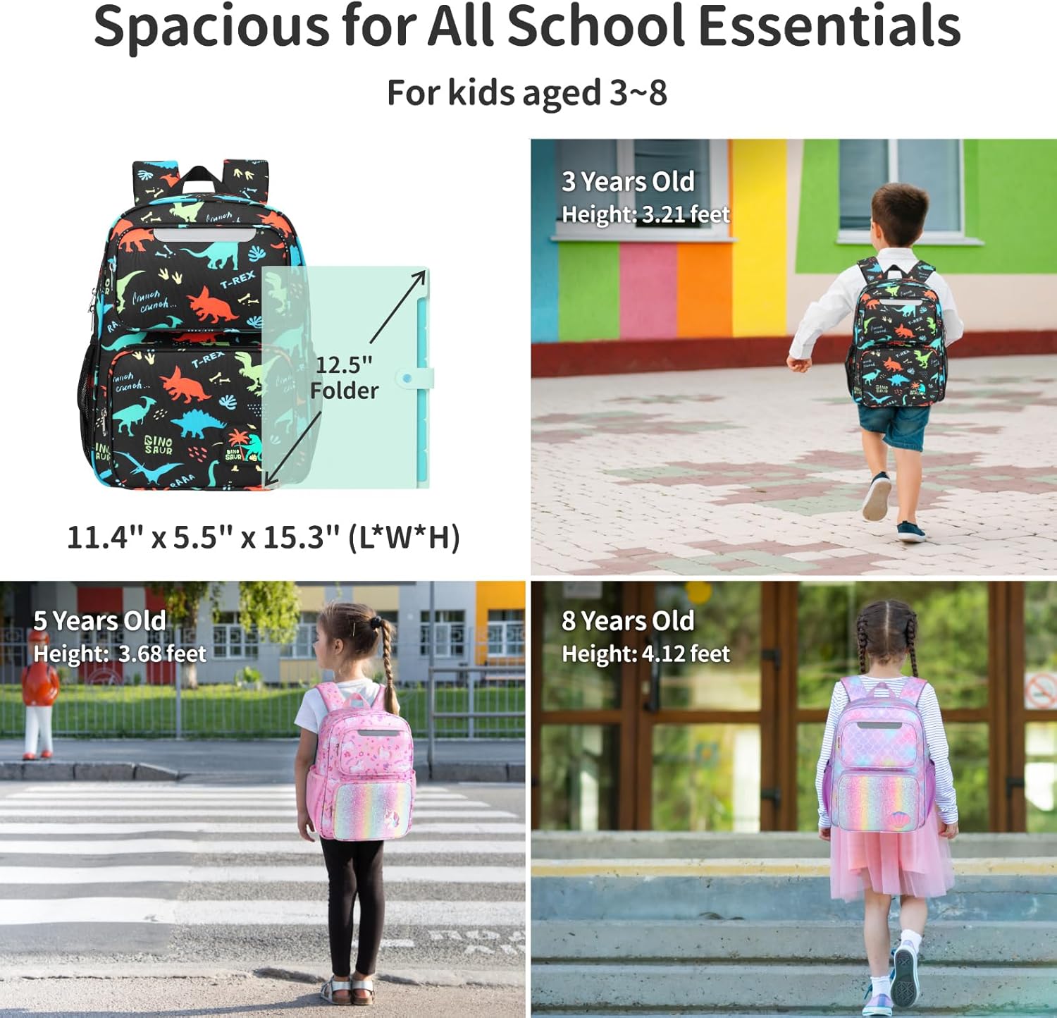 Kids Backpack for Boys - 15 Inch Dinosaur Backpack for Kids Ages 3 to 8, School Bookbag for