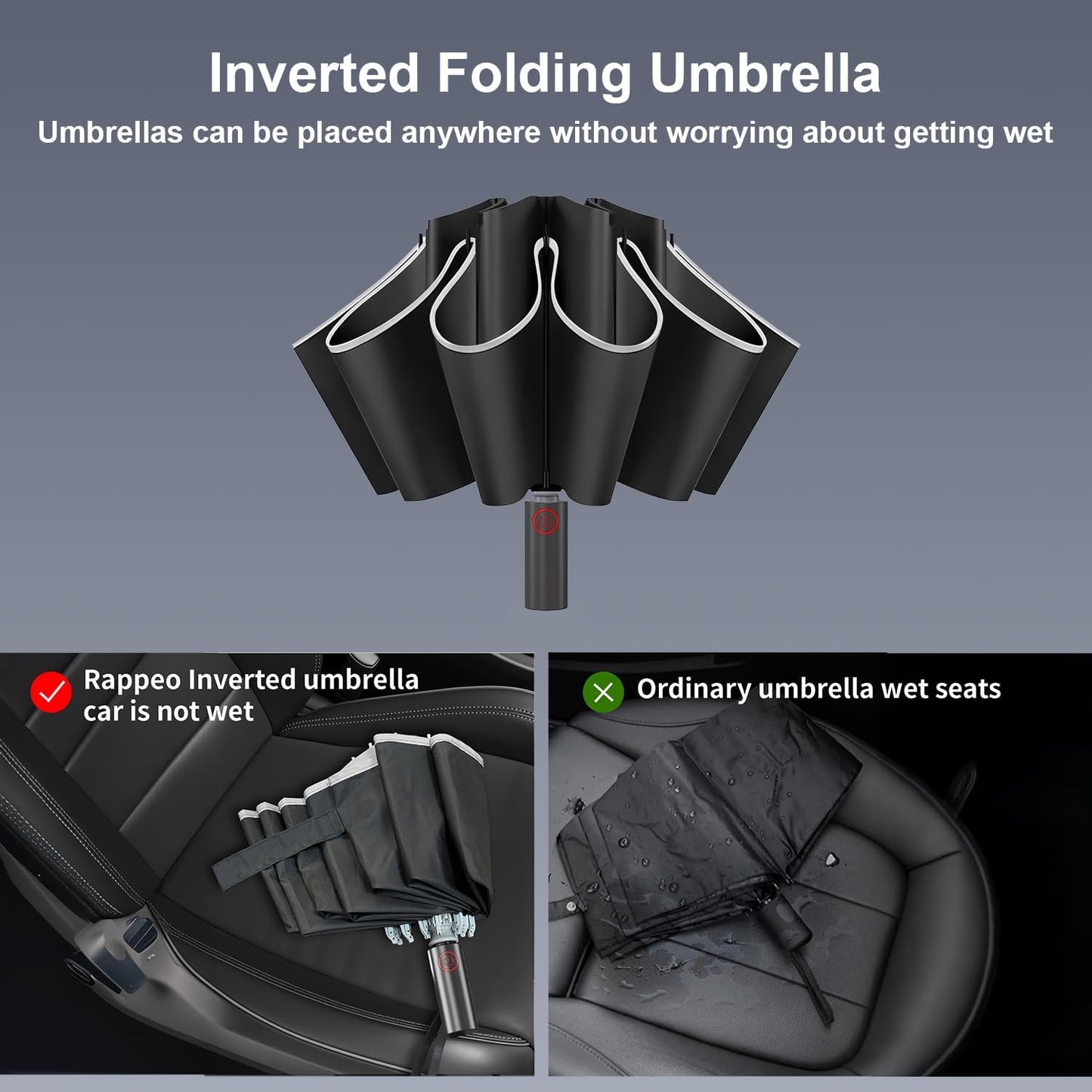 4-in-1 Inverted Travel Umbrella Compact, Automatic Large Umbrellas for Rain & Sun, Portable Windproof Umbrella for Backpack, Reverse Folding Umbrella for UV with Reflective Strips,Lightweight, Black
