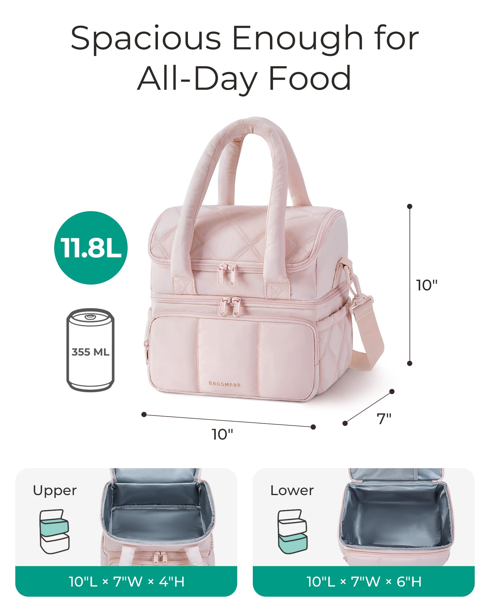 BAGSMART Lunch Bag Women, Double Deck Insulated Lunch Box, Dark Pink