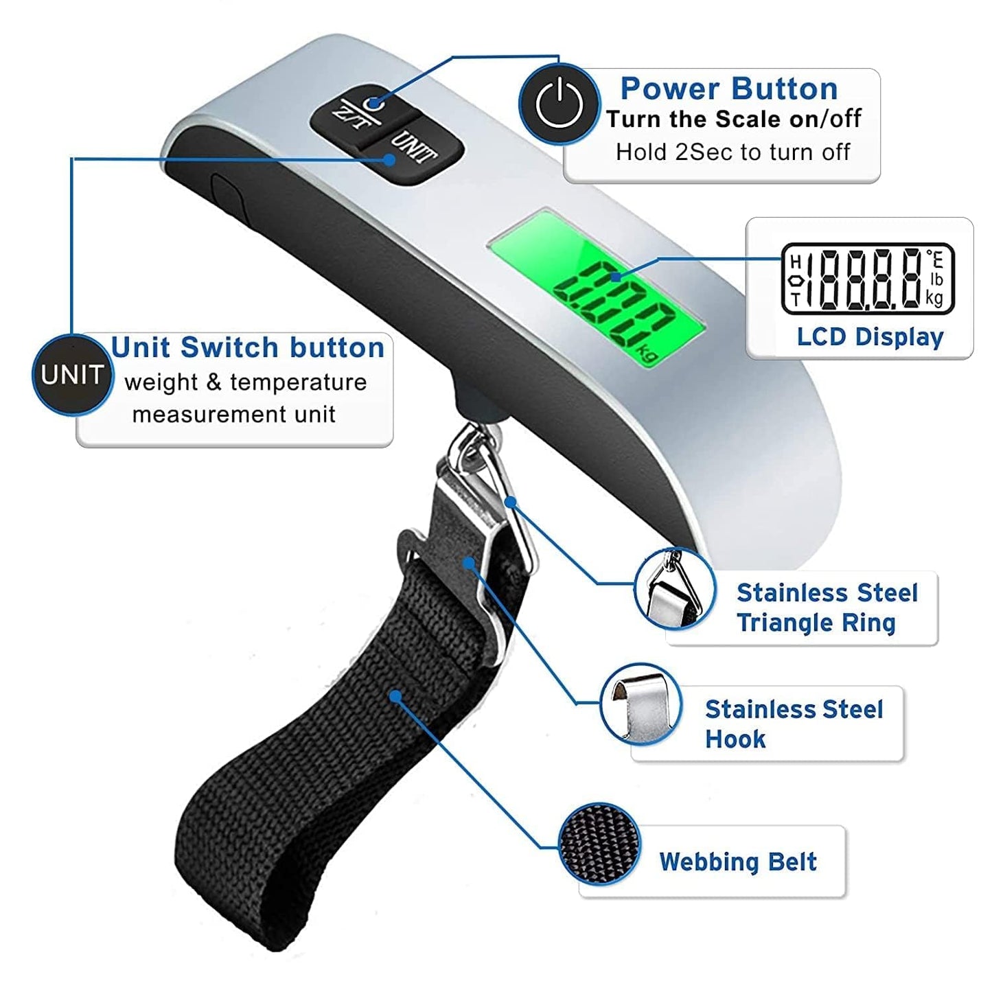 Digital Luggage Scale, Handheld Suitcase Scale with Backlit LCD Display, 110 lbs/50kg Portable Baggage Weighing Scale with Temperature Sensor for Travelers