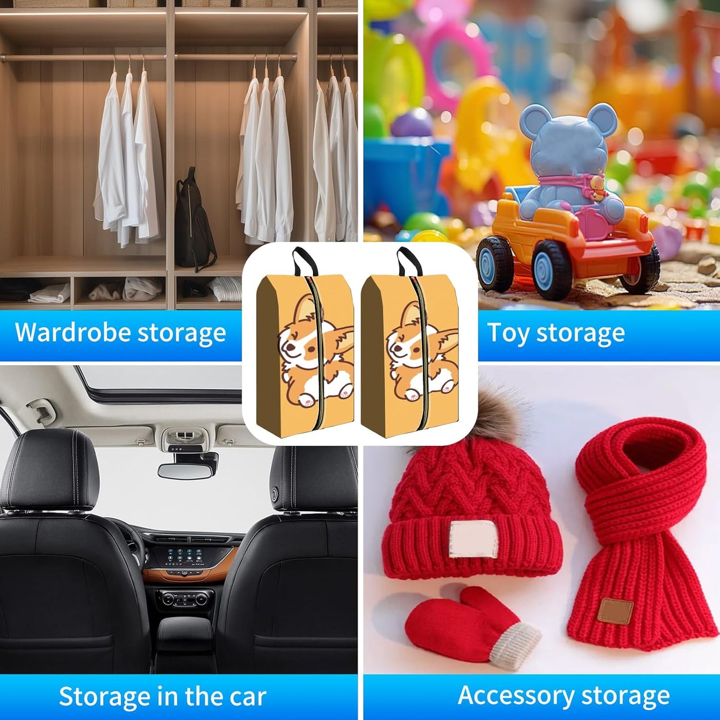 2pcs Shoe Organizer for Travel, Packing Shoe Travel Bags, Cute Shoe Bag with Zipper & Handle, Portable Travel Essentials for Women and Men Cute Corgi