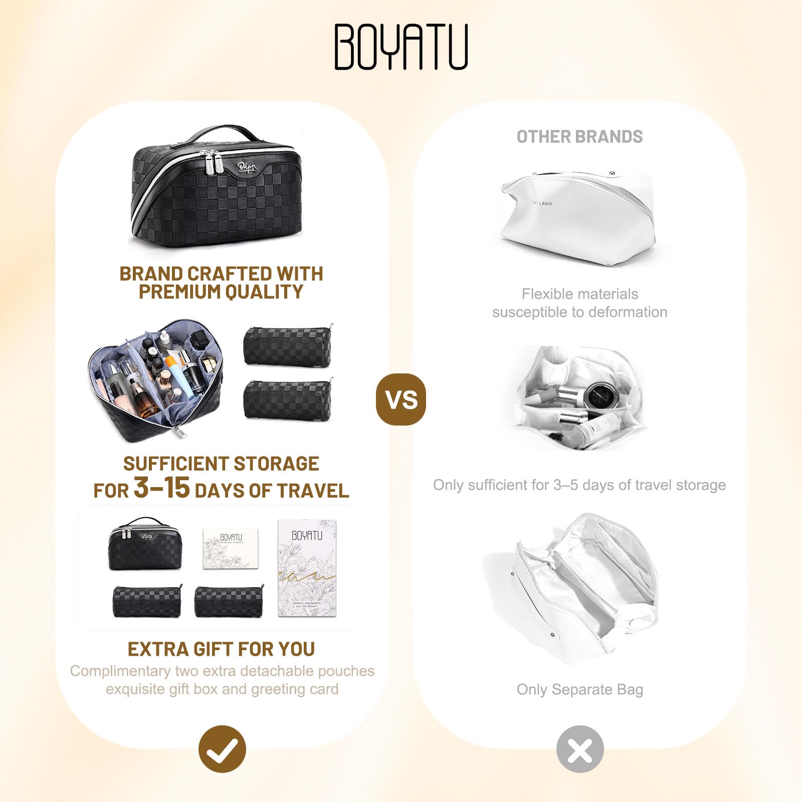BOYATU Travel Makeup Bag Organizer: 180°Open-Flat 3 Pcs Make up Bags Set
