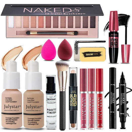 All in One Makeup Kit for Women Full Kit, Makeup Set 12 Colors Eyeshadow, Foundation & Primer, Lipsticks, Eyeliner, Mascara, Contour Stick, Brow Soap, Brush & Sponge, Make Up Gift Set for Women, Teens