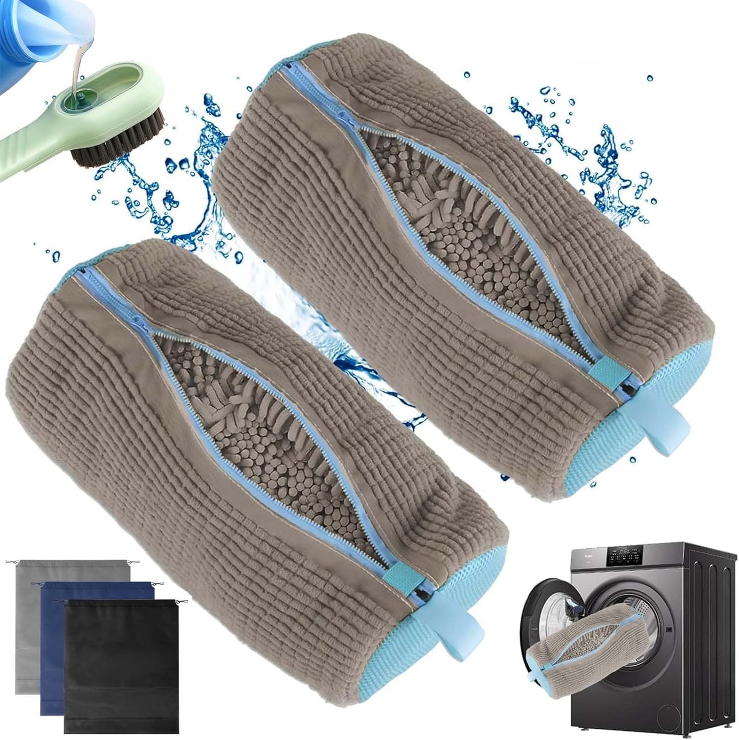 2Pcs Shoe Washing Machine Bag, Durable Laundry Shoe Bag for Washing Machine, Fluffy Fibers 360° Cleaning, Includes Liquid Shoe Brush & Travel Dust Bag, Ideal for Sneakers & Gym Shoes (Gray)