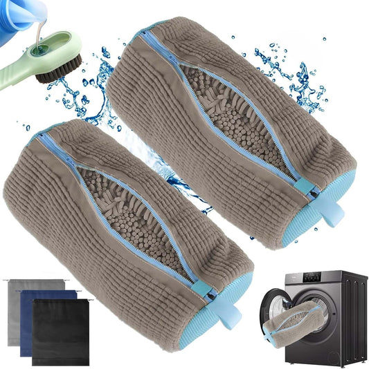 2Pcs Shoe Washing Machine Bag, Durable Laundry Shoe Bag for Washing Machine, Fluffy Fibers 360° Cleaning, Includes Liquid Shoe Brush & Travel Dust Bag, Ideal for Sneakers & Gym Shoes (Gray)