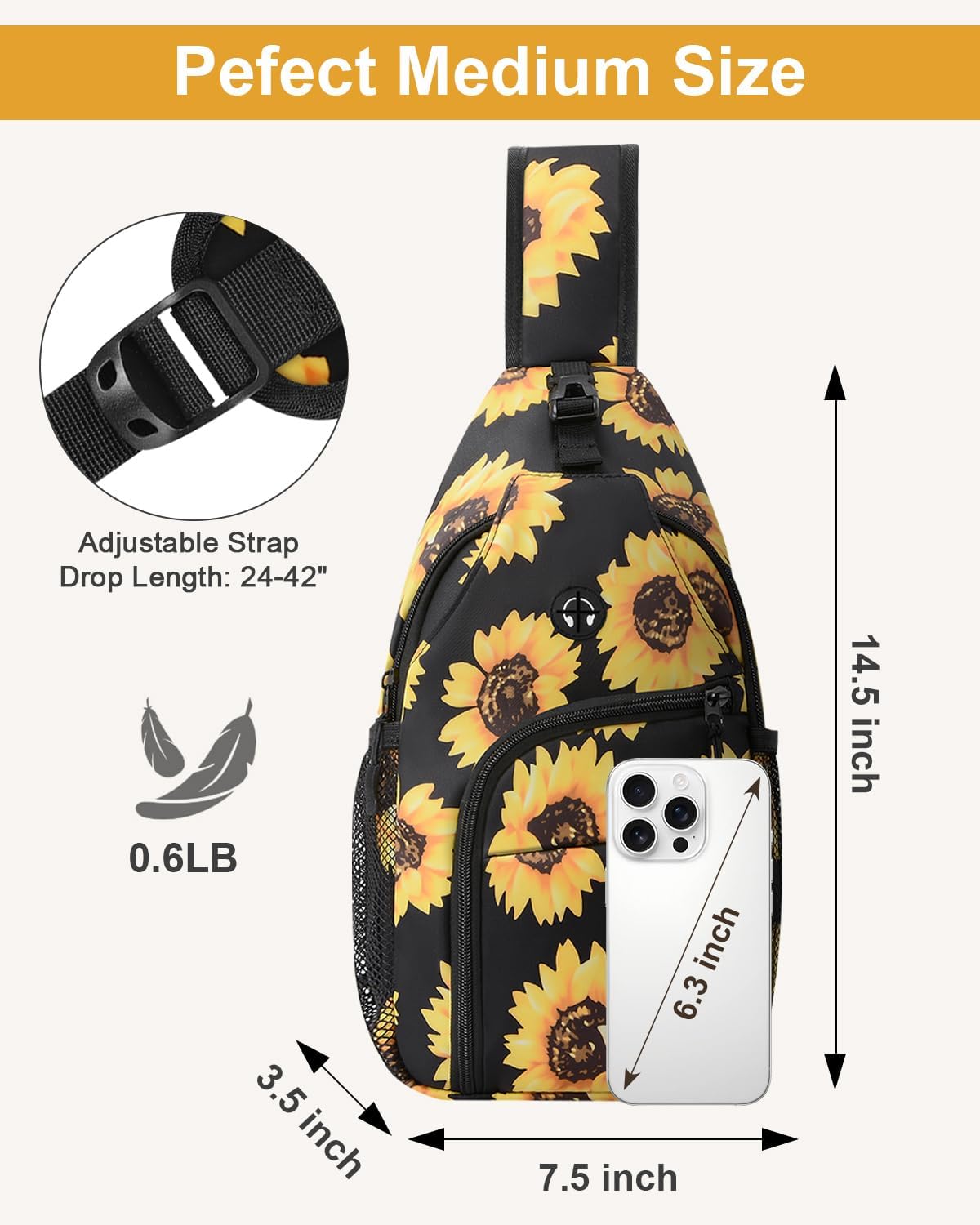 Crossbody Bags for Women Man Waterproof Sling Bag Backpack Trendy Casual Cross Body Bag with Convertible Shoulder Strap Chest Bag for Camping Hiking Travel Essentials (Sunflower, Medium)