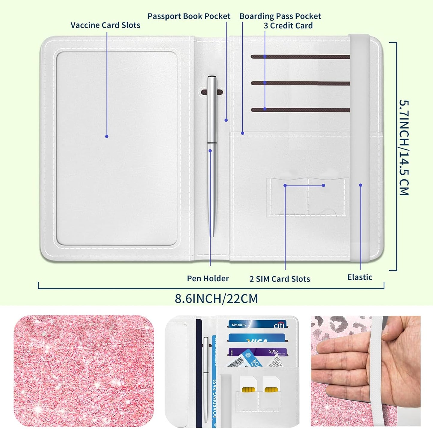 Passport Holder for Travel Essentials, Leather RFID Blocking Passport Wallet Cover Case, Cute Passport Book Holders for Women and Men Pink Glitter Leopard