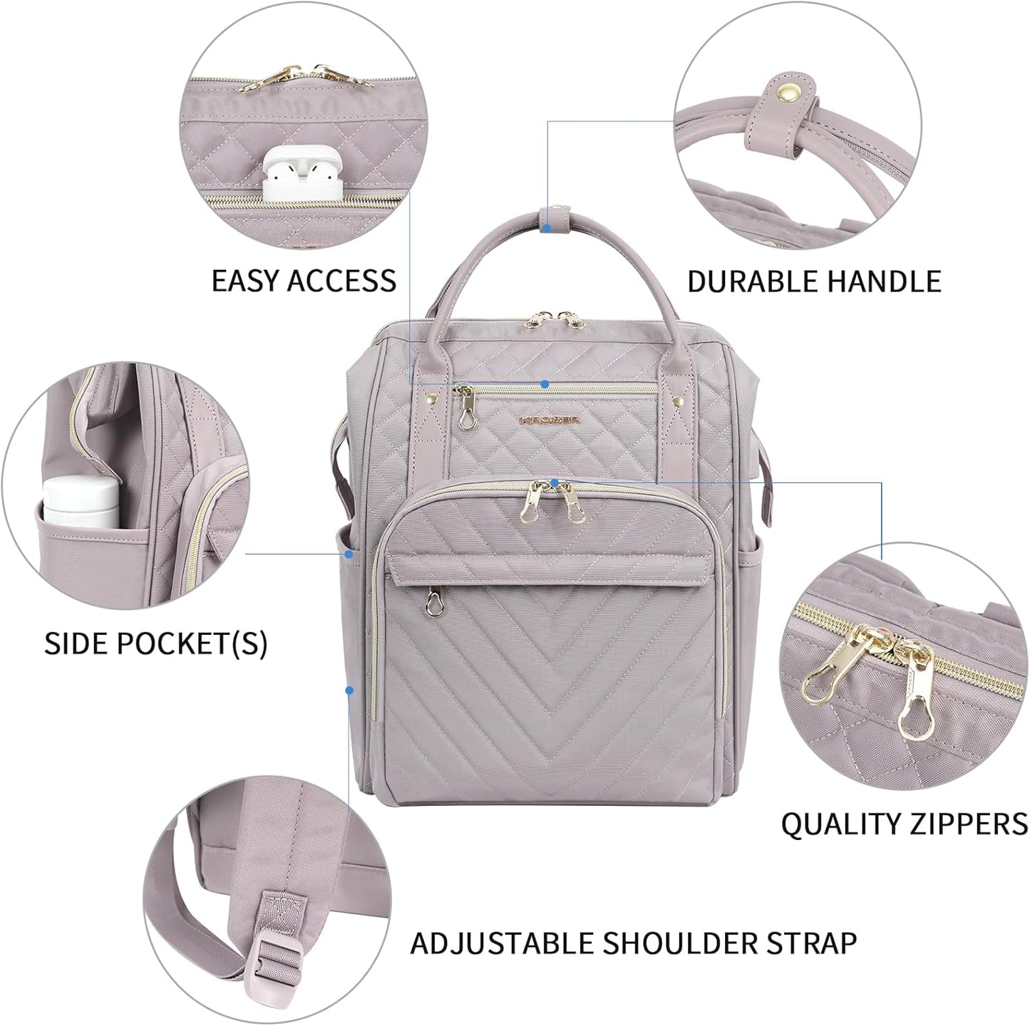 KROSER Laptop Backpack 17" Stylish Backpack Water Repellent College Casual Daypack with USB Port Travel Business Work Bag for Men/Women-Quilted Dusty Pink