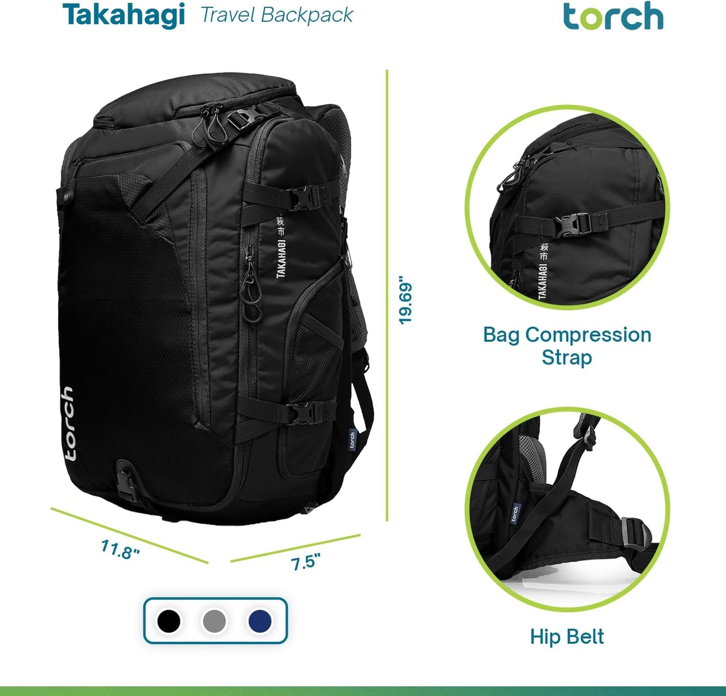 torch Travel Backpack 40L – TSA Friendly Flight Approved, Carry-On Waterproof Hiking Daypack with Rain Cover – Lightweight Rucksack for Camping, Trekking, Outdoor Adventures – Takahagi(Black)