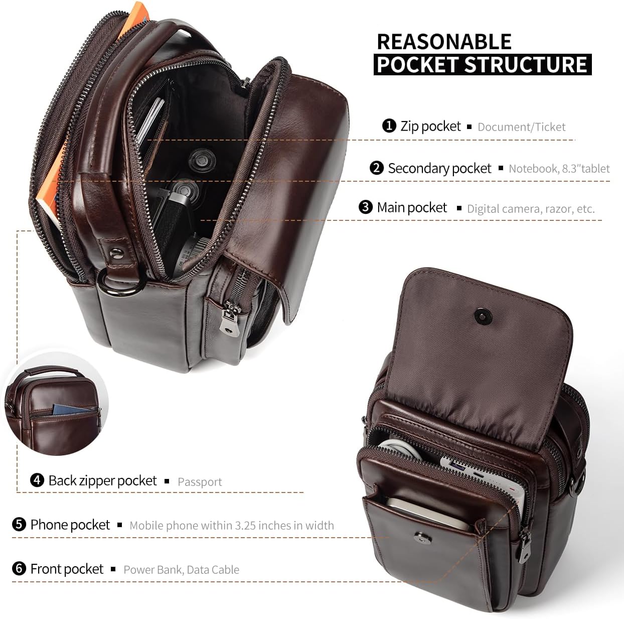 Augus Leather Small Messenger Bag For Men Crossbody Handbag Shoulder Sling Travel Bags for Men Purse Daypack Magnetic Buckle