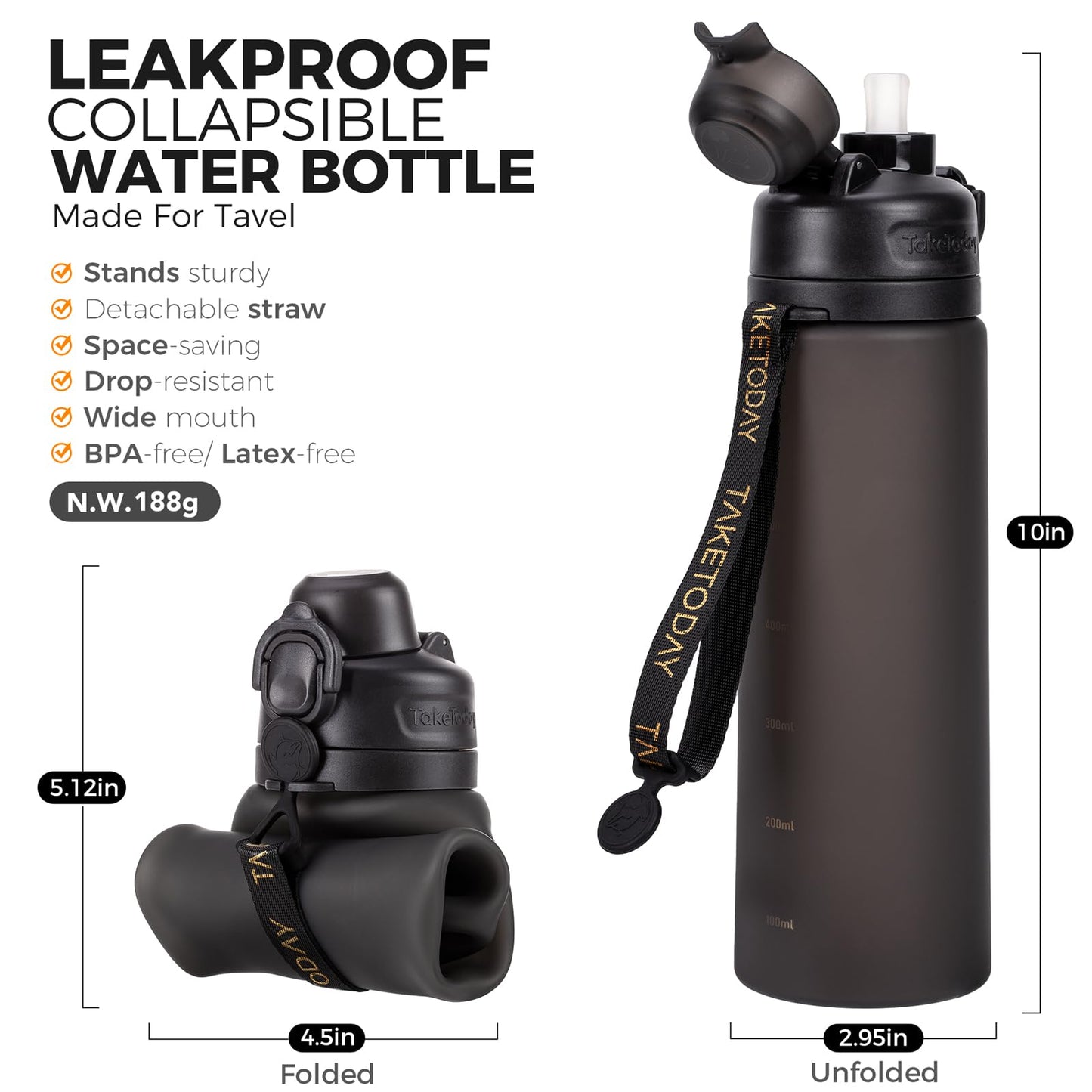 TakeToday Collapsible Water Bottles with Straw for Travel, 21oz, Black