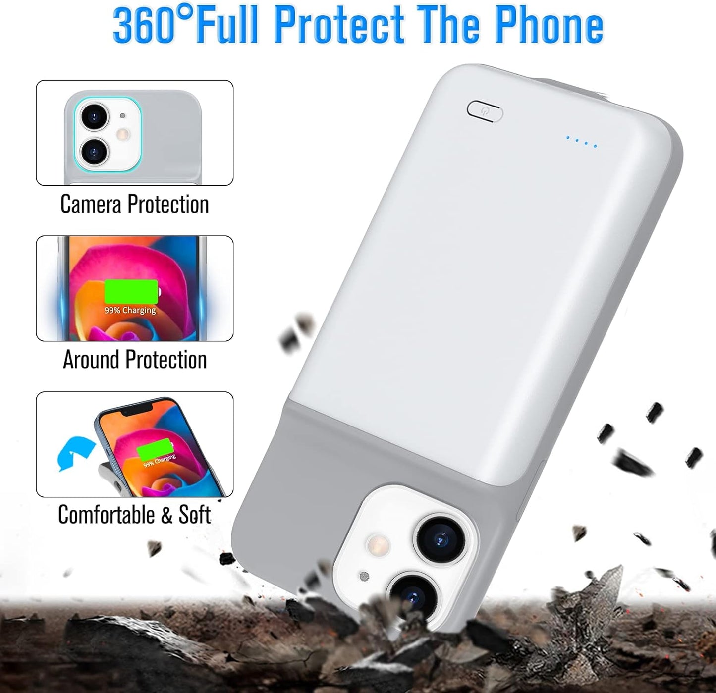 Gladgogo Battery Case for iPhone 12/12 Pro, Powerful 7000mAh Protective Smart Charging Case Ultra Slim Rechargeable External Battery Pack for iPhone 12/12 Pro, 6.1 inch, White