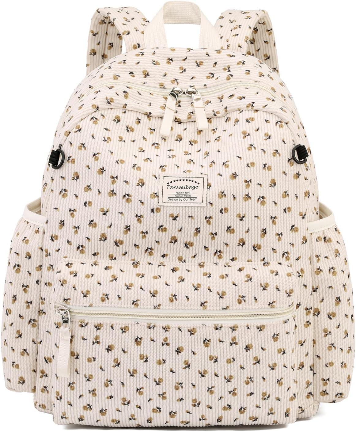 Corduroy Kids Backpack for Boys Girls Backpacks for Primary Elementary Kindergarten 6-10(Flower Beige, Medium (15" H Fit A4 Folder))