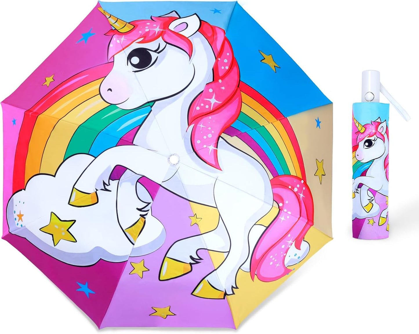 Kids Folding Umbrella Auto Open/Close Anti-rebound Safe Design UV Resistant Automatic Children Travel Umbrellas 8 Rib Reinforced Canopy 360° Reflective Strip Lightweight Cute Umbrella for Girls & Boys