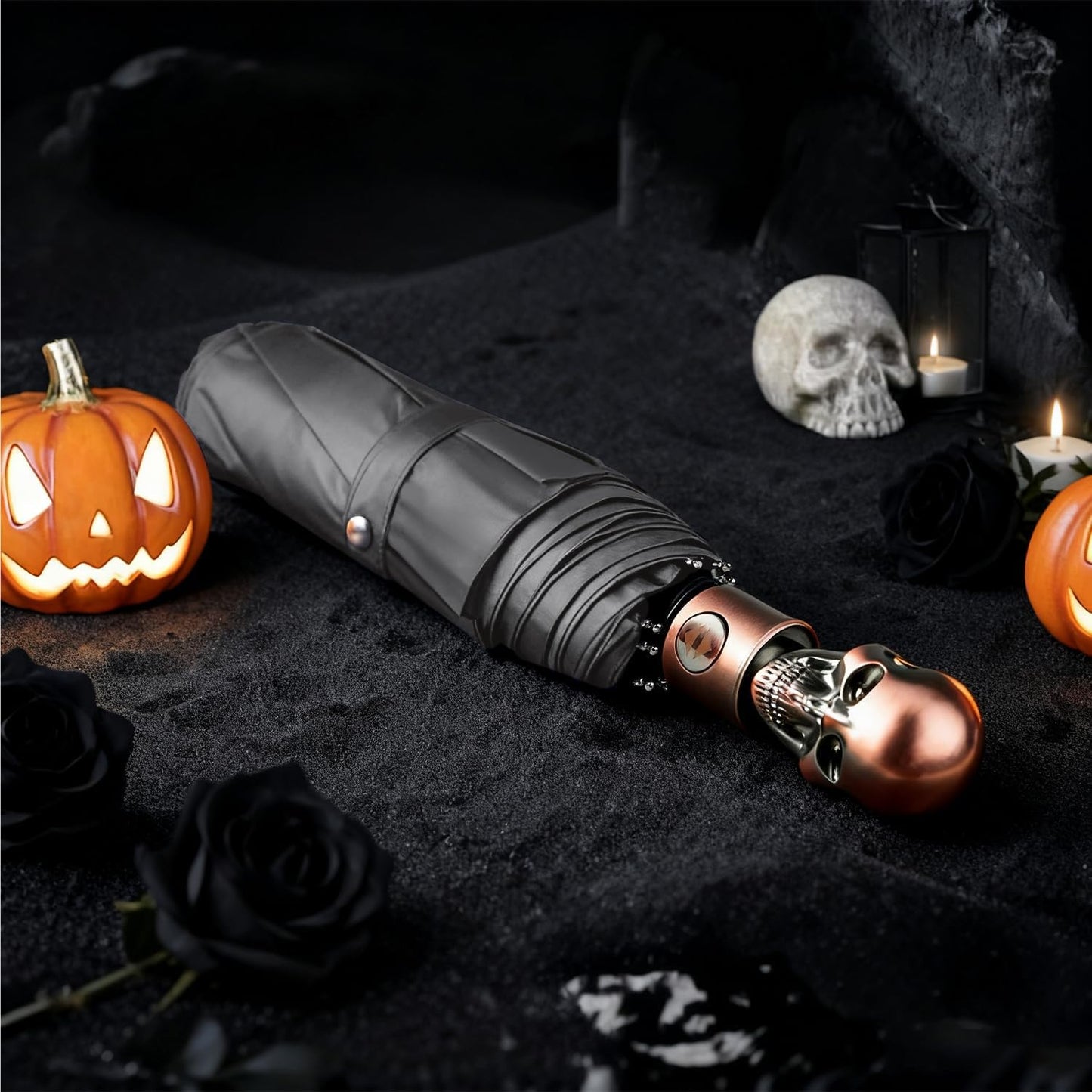 Lejorain Mens Black Skull Umbrella - Automatic Luxury Travel Windproof Umbrella Compact - Portable Strong Lightweight Rain Umbrella for Adults