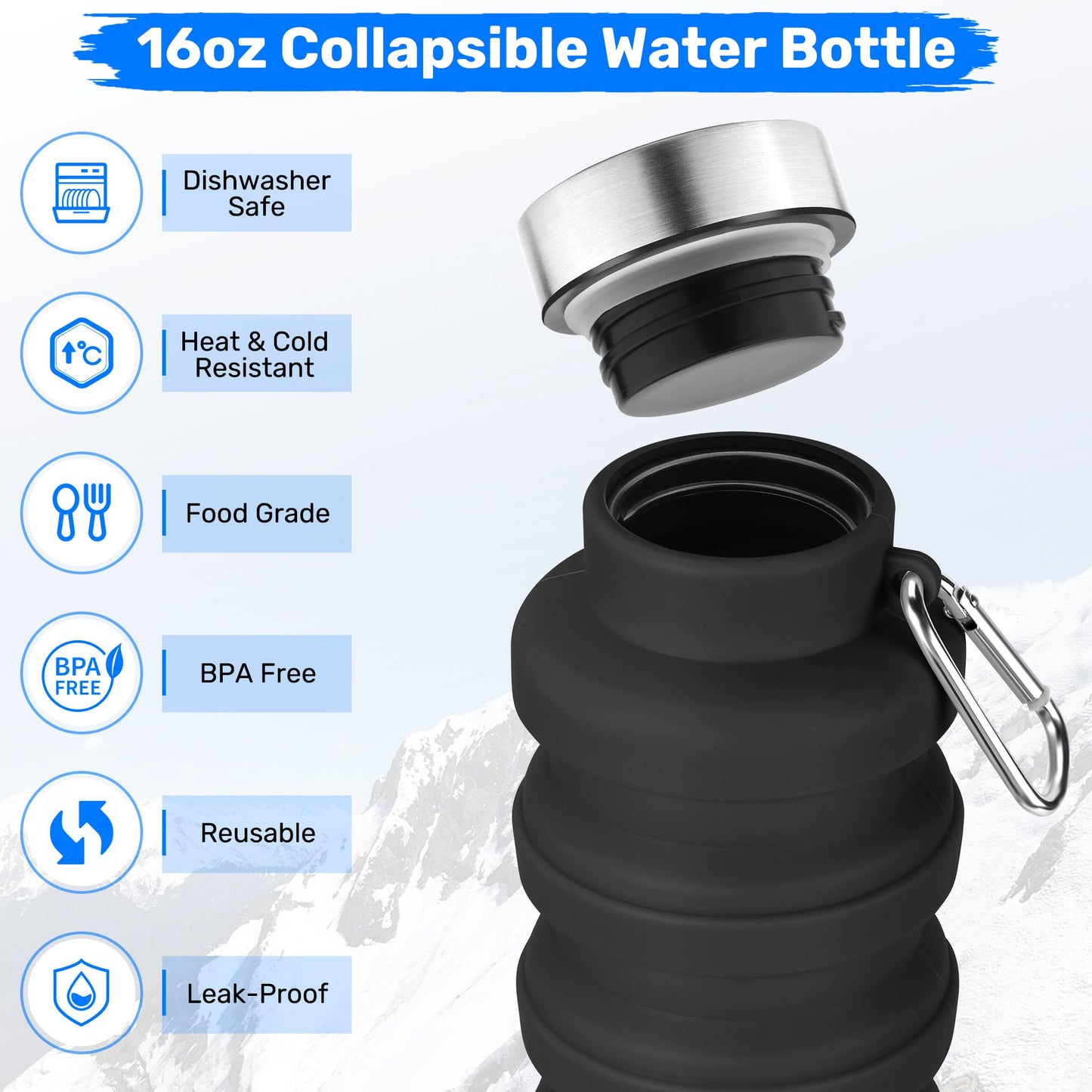 Rotayi Collapsible Water Bottle, 16oz Portable Reusable Silicone Water Bottle with Carabiner for