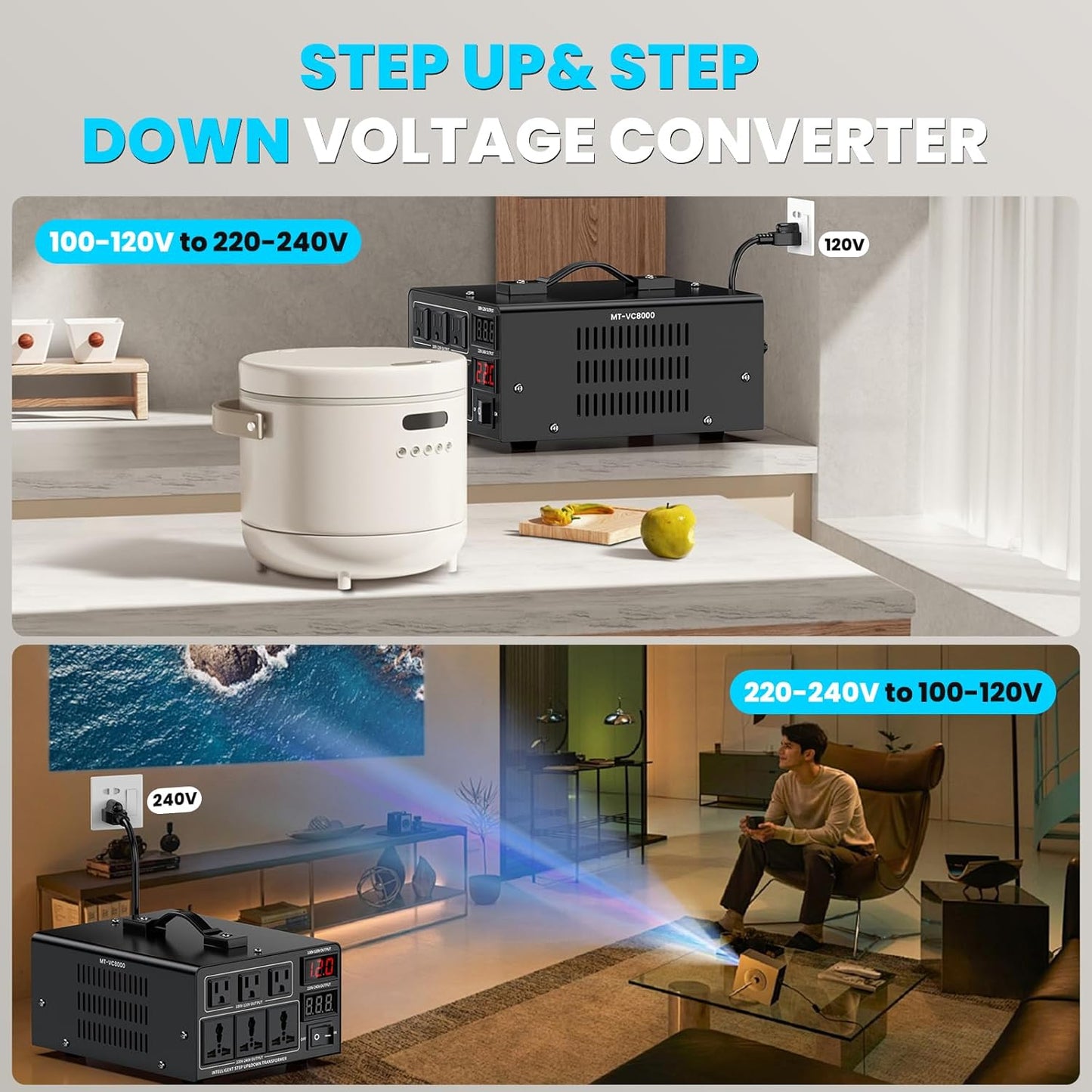 8000W Voltage Converter Transformer(110V to 220V or 220V to 110V) Step Up/Down Converter 110/120 Volt - 220/240 Volt w/US Power Cord,Circuit Breaker Protection, LCD Screen Display