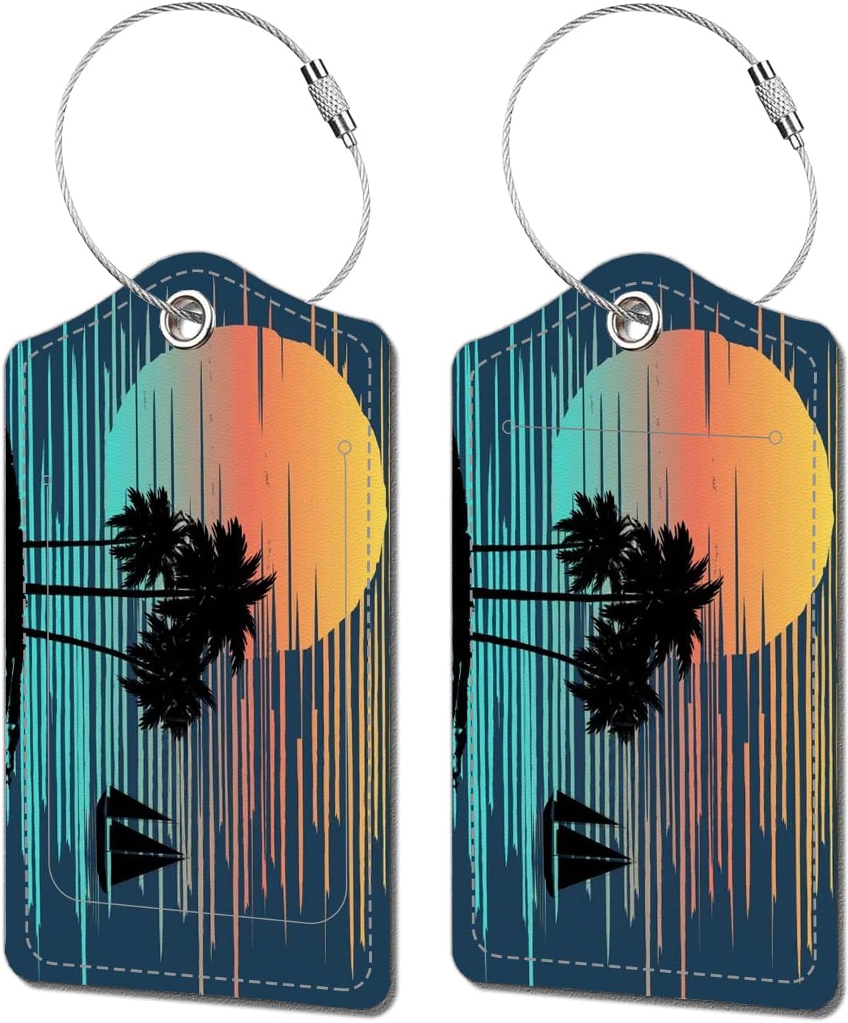 2 Pack Luggage Tags for Suitcase, Leather Suitcase Tags Cruise Ship with Privacy Cover and Double Metal Loop for Women Men Girls Boys Travel Baggage Bag Backpack Tags,Sunset Palm Tree