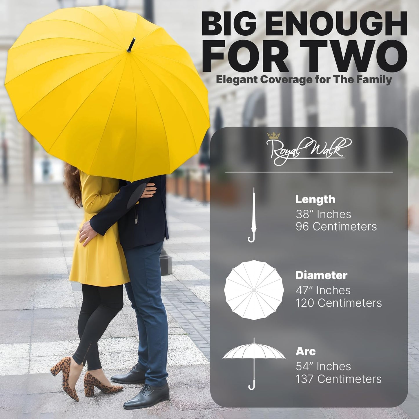 Royal Walk Windproof Large Umbrella for Rain 54 Inch Automatic Open for 2 Persons Wind Resistant Big Golf Umbrellas for Adult Men Women Classic Wooden Handle Fast Drying Strong 16 Ribs Travel 120cm