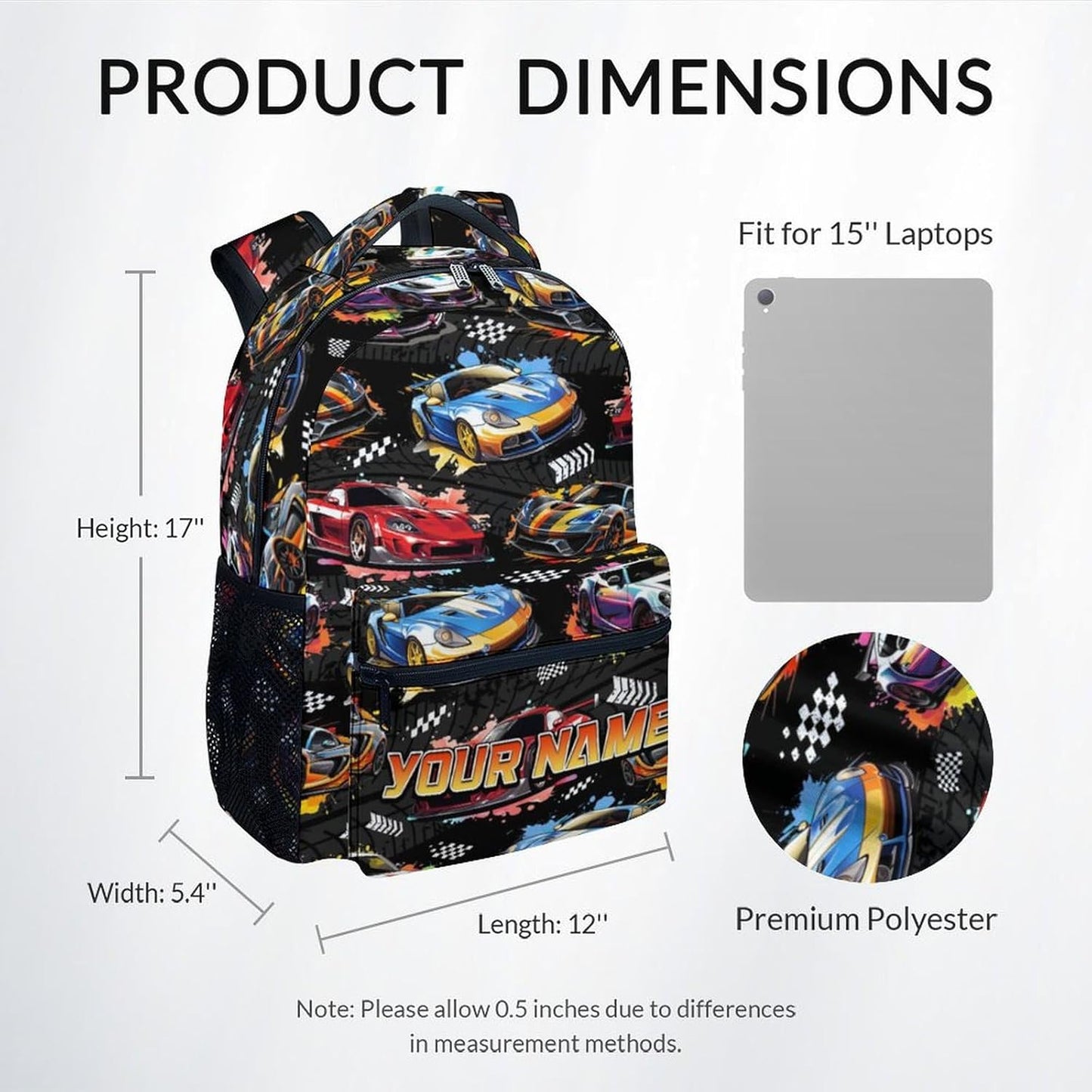 Boys Backpack - Personalized Racing Car Backpacks with Name for Kids - Custom Toddler Bookbag Gifts for Son - Lightweight School Bag for Kindergarten/Preschool/Elementary(17 Inch)