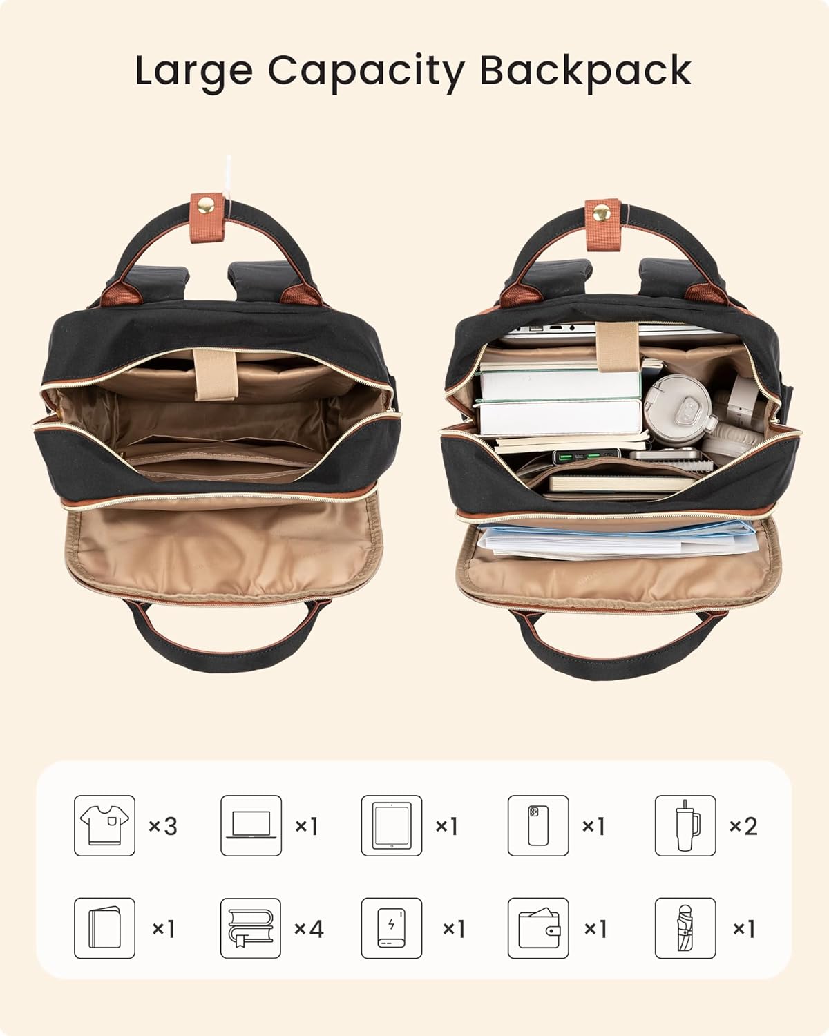 LOVEVOOK Laptop Backpack for Women with Giant Tumbler Holder Pocket, 18 inch Large Travel Work Backpack Purse for Teacher Nurse, Waterproof College Book Bag Cute Casual Daypack, Beige-Black-Brown
