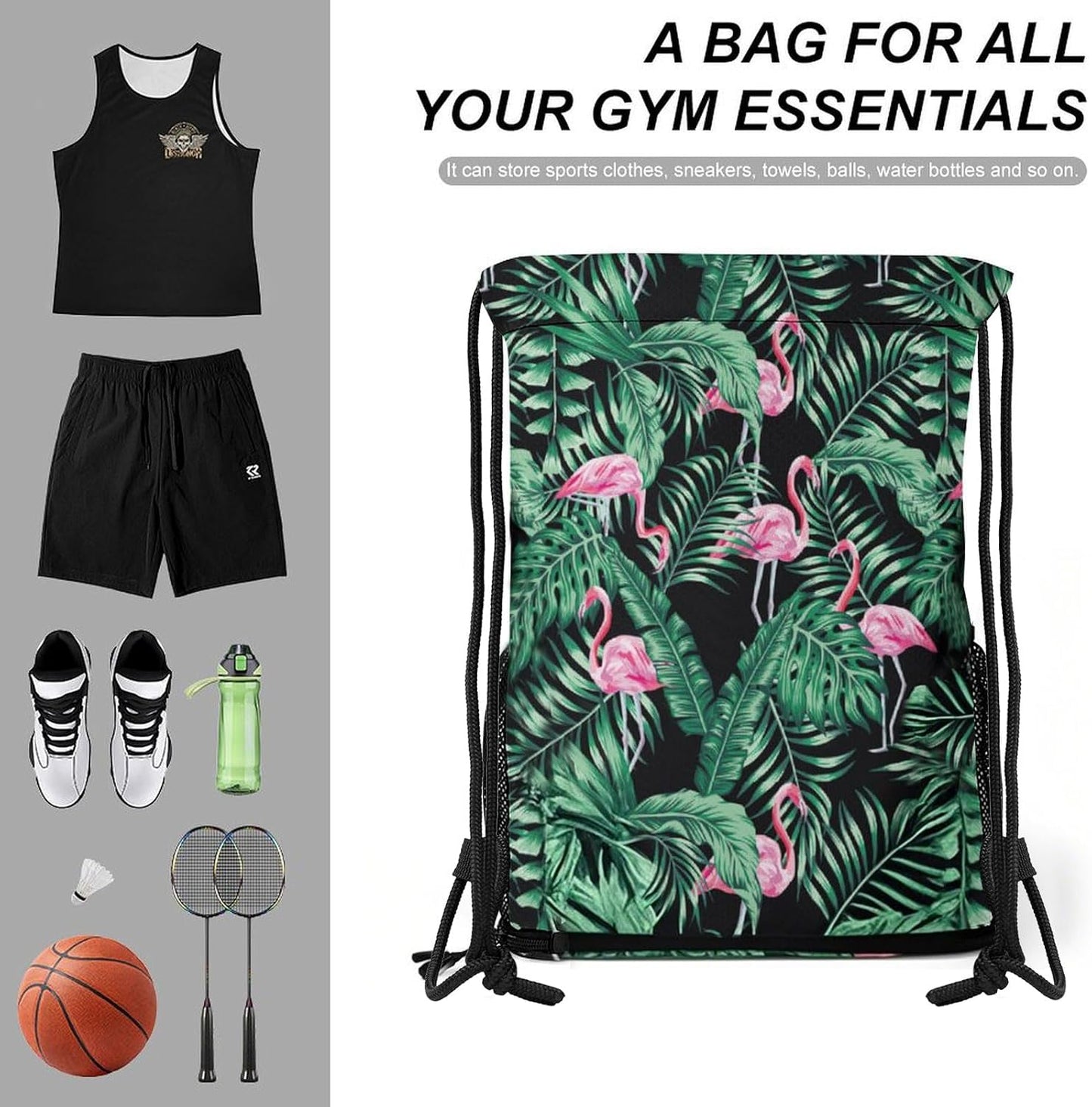 Tropical Flamingos Drawstring Backpack Gym Bag With Shoe Compartment String Bag Sport Beach Swimming Sackpack For Women Men