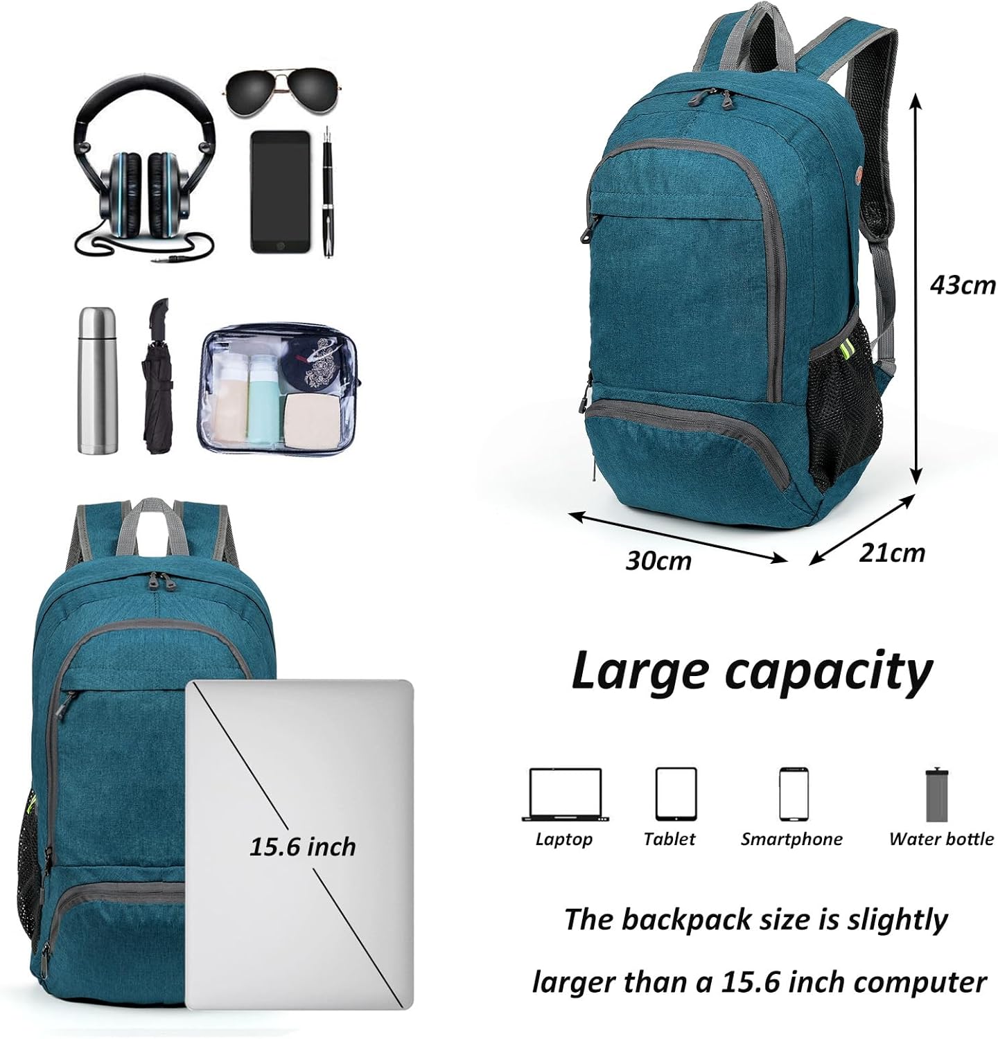 TANTOMI Small Hiking Backpack 25L Ultralight Foldable Camping Backpack Breathable Travel Backpacks Hiking Daypack for Men Women(Teal Blue)
