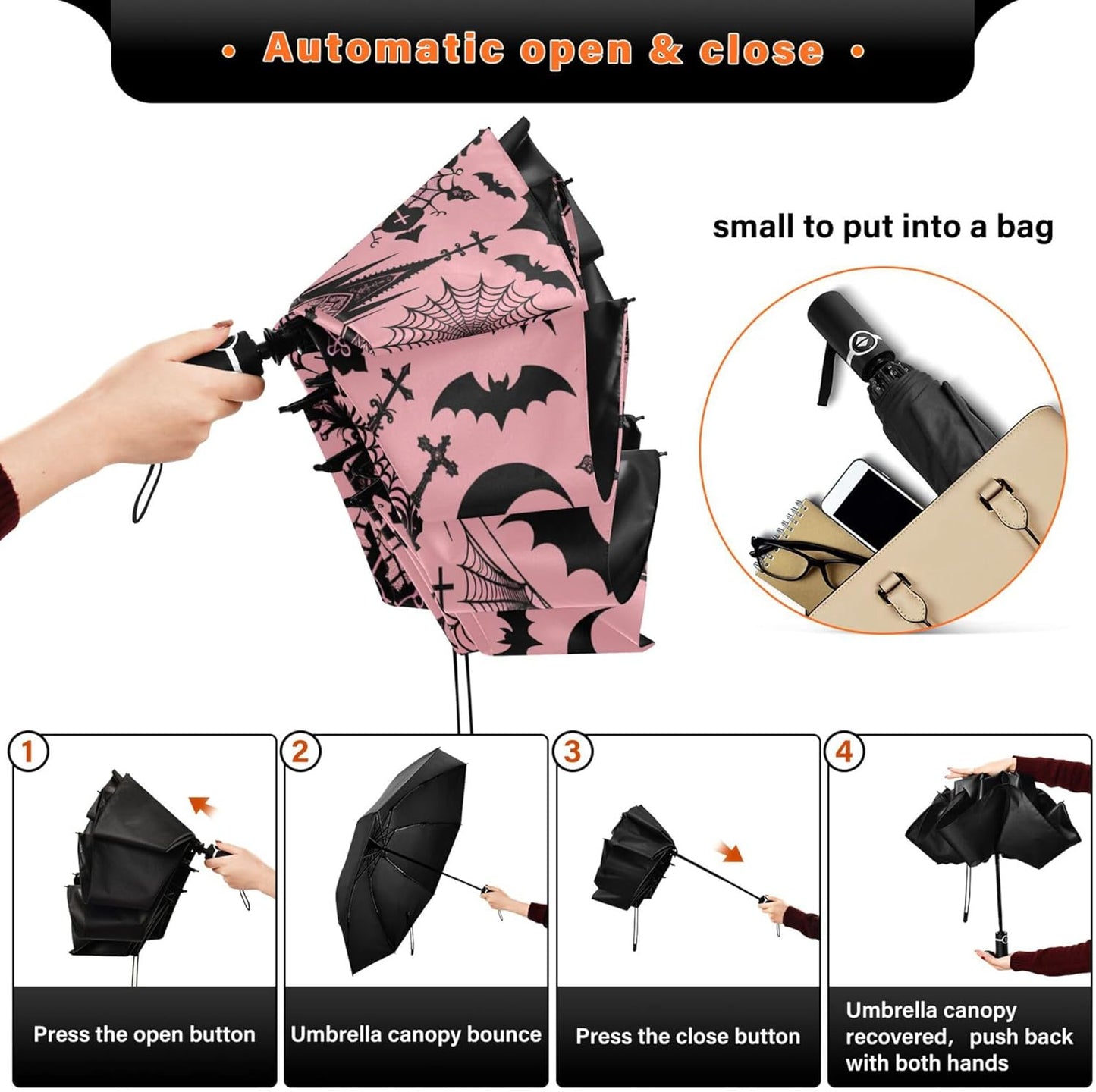 Automatic Folding Umbrella Windproof Strong, UV Protection Compact Black Gothic Moon Spider Webs and Bats Sun Rain Sun Rain Travel Umbrellas for Women Men