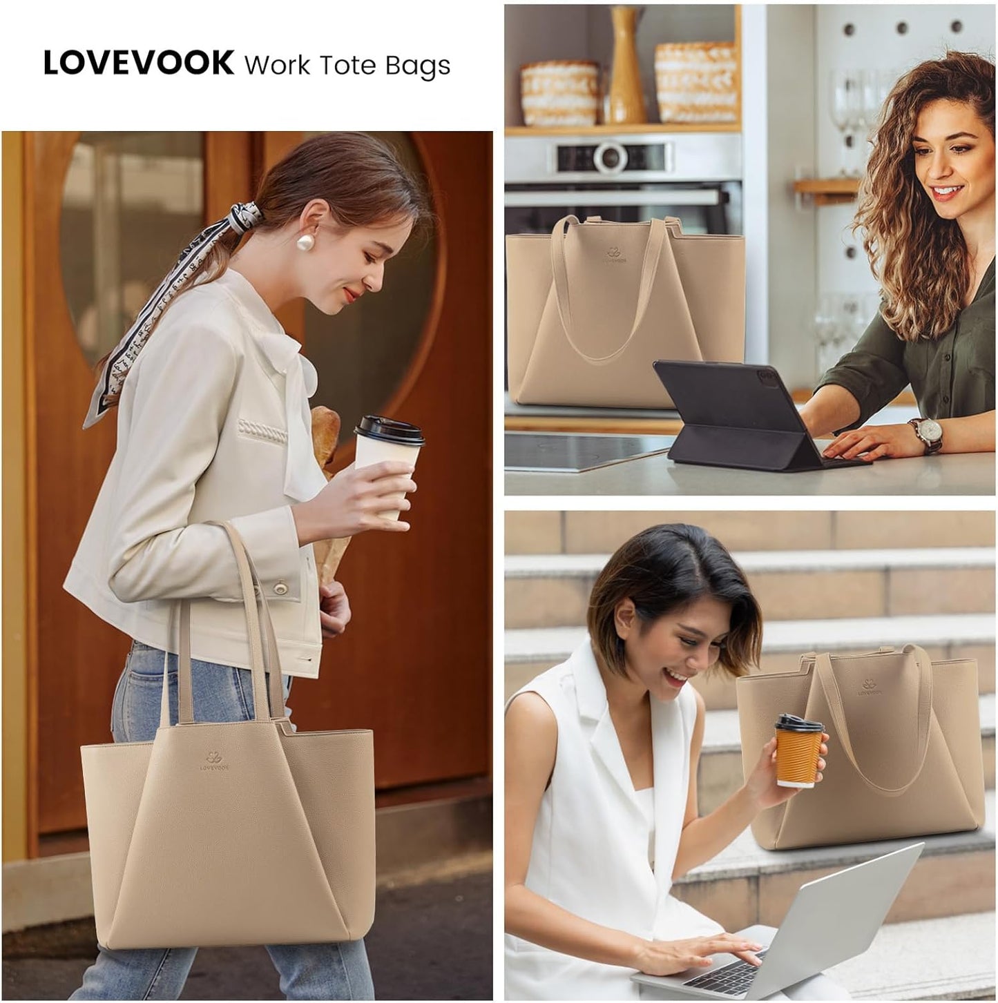 LOVEVOOK 17" Faux Leather Laptop Tote w/Clutch | Large Capacity Work Bag for Women | Business Travel | Sandy