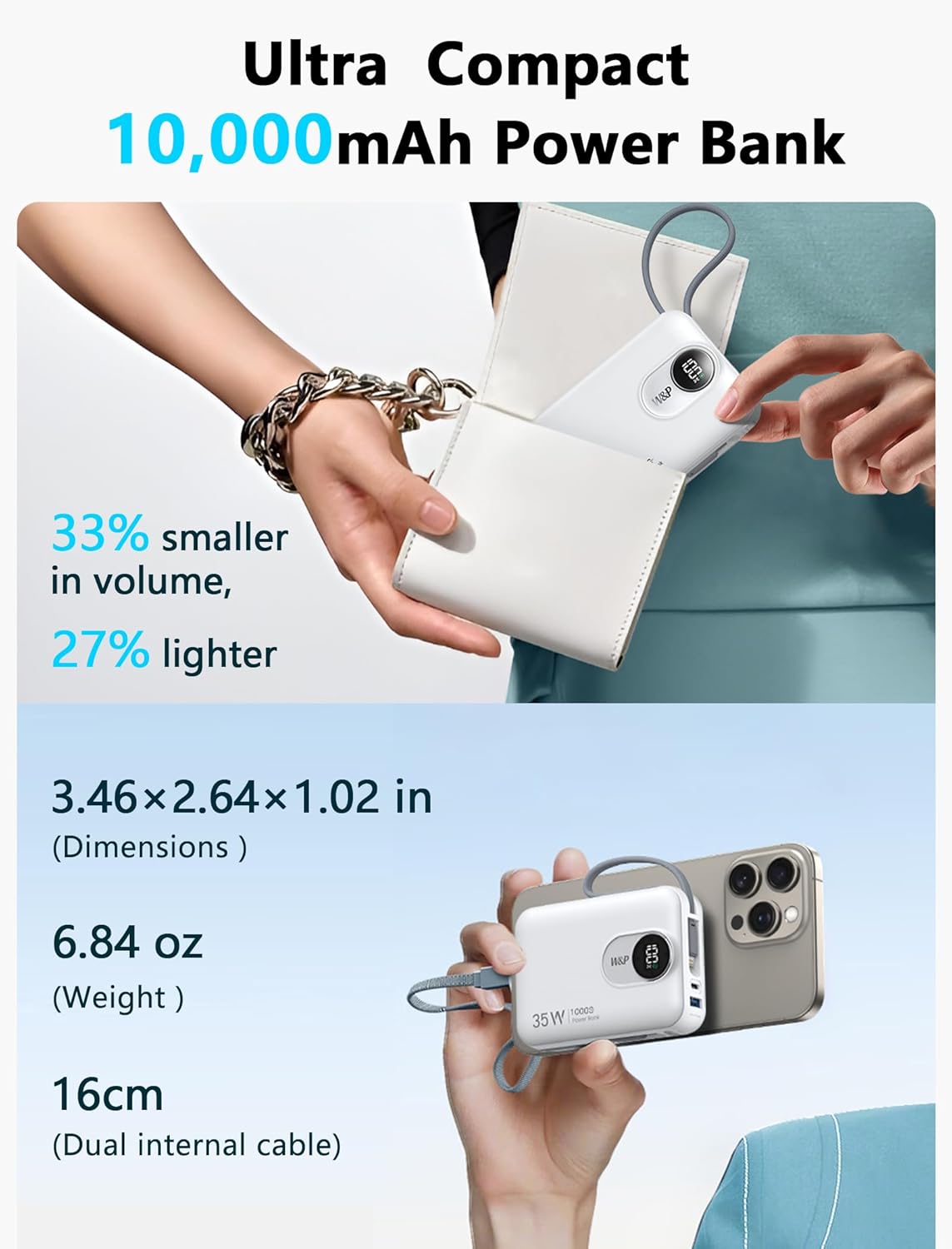 W&P 35W Fast Charging Portable Charger Power Bank 10000mAh with Dual Built-in Cables (USB-C & Lightning), Compact Travel Battery Pack for iPhone 16 15 14, Android, iPad, MacBook