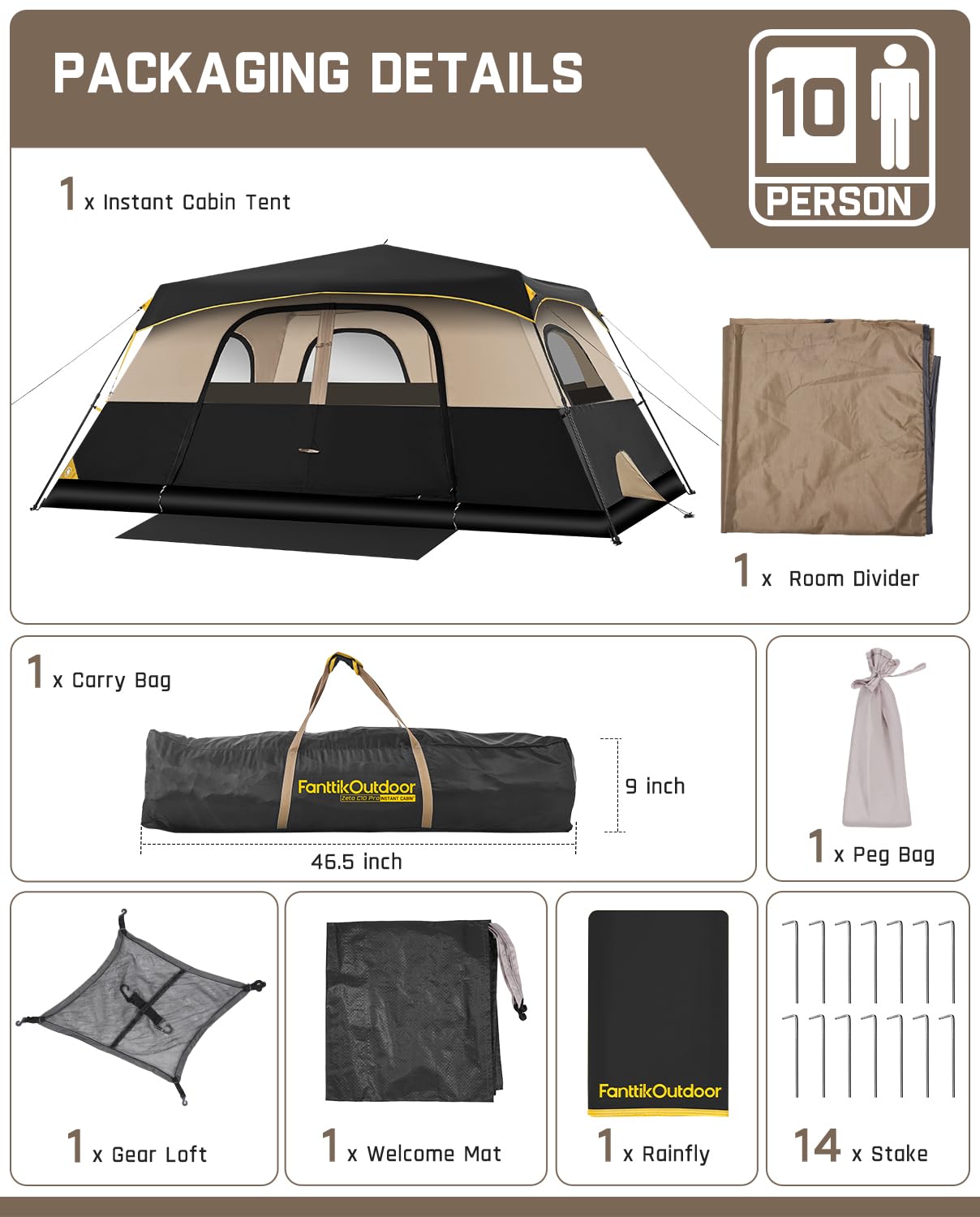 FanttikOutdoor Zeta C10 Pro 10 Person Tent for Camping Setup in 60s (Khaki)