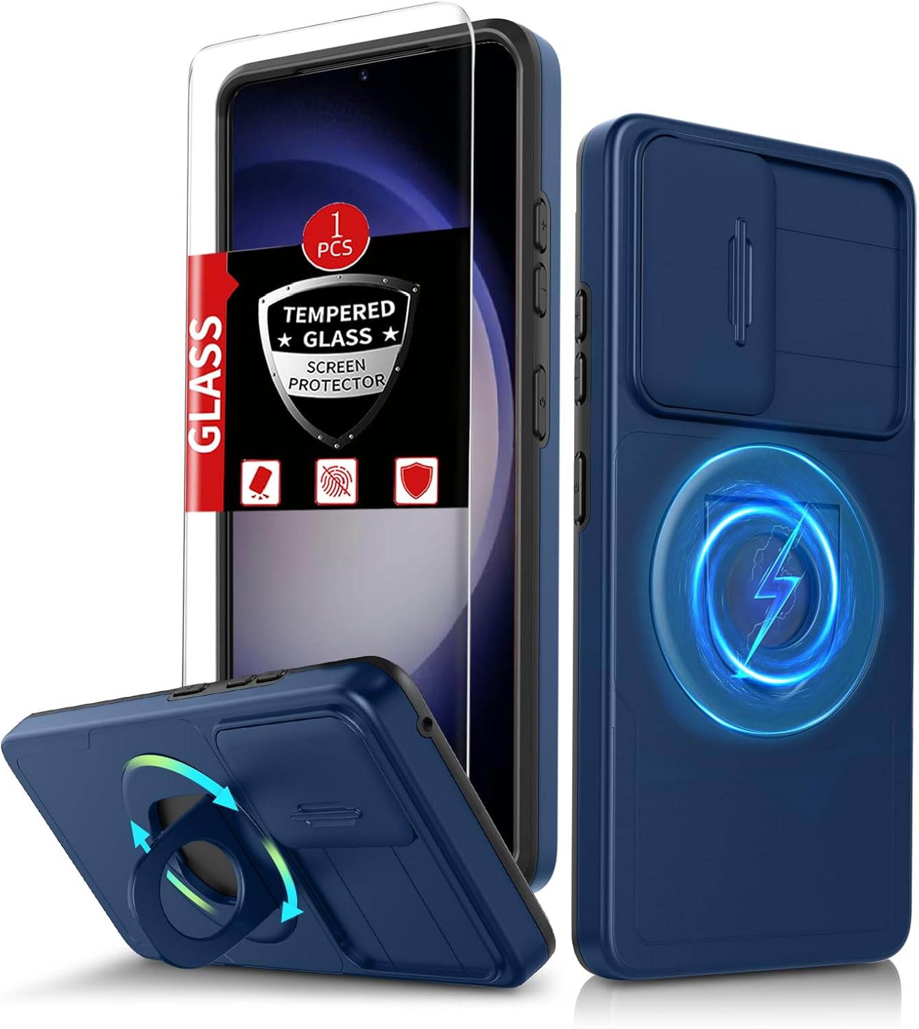 for Samsung Galaxy S23 Case Magnetic Compatible with MagSafe Wireless Charging,with Screen Protector,Built-in Kickstand Ring+Camera Cover Anti-Scratch Shockproof Heavy Duty Protection Blue
