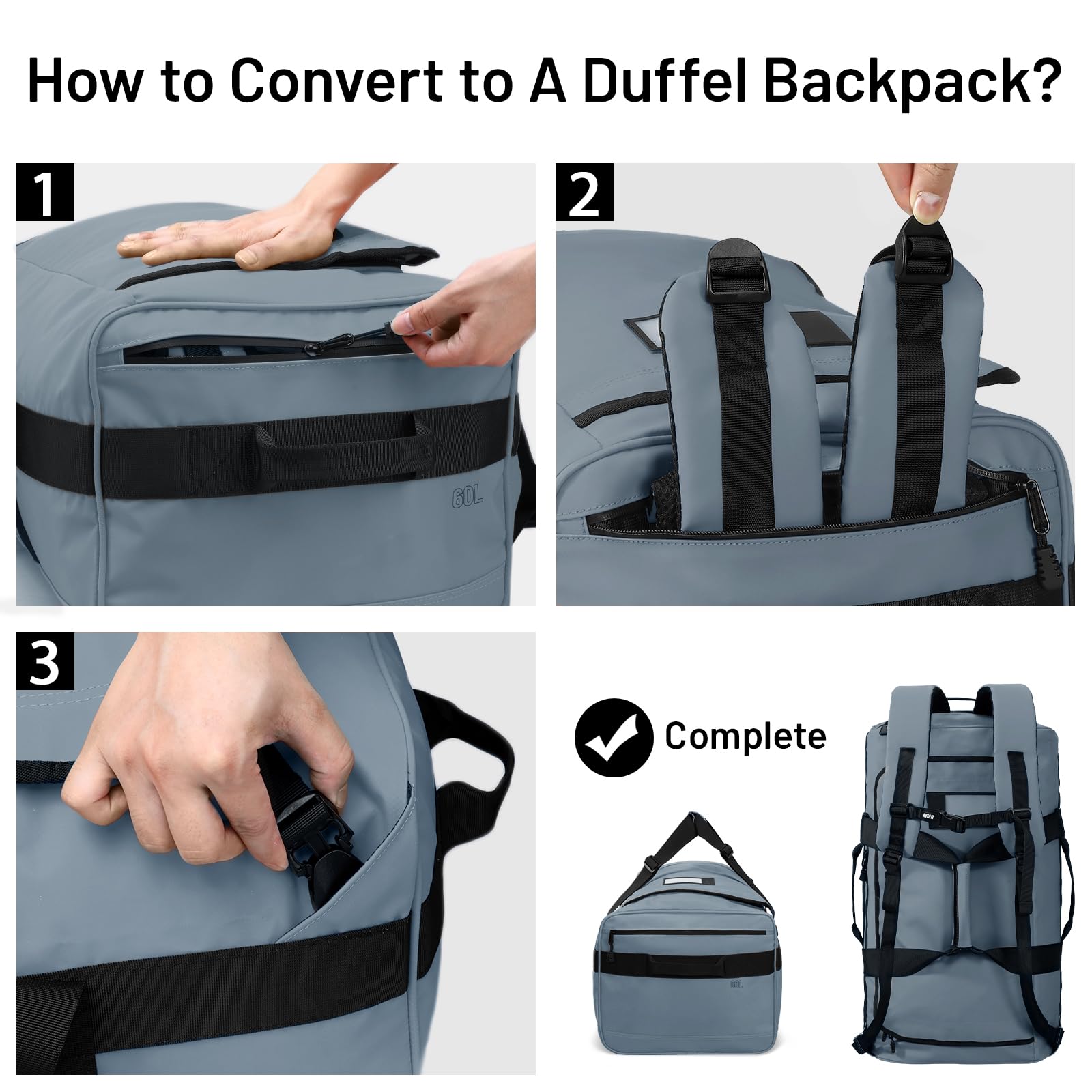 MIER 40L/60L/90L Water Resistant Backpack Duffel, Heavy Duty Duffle Bags