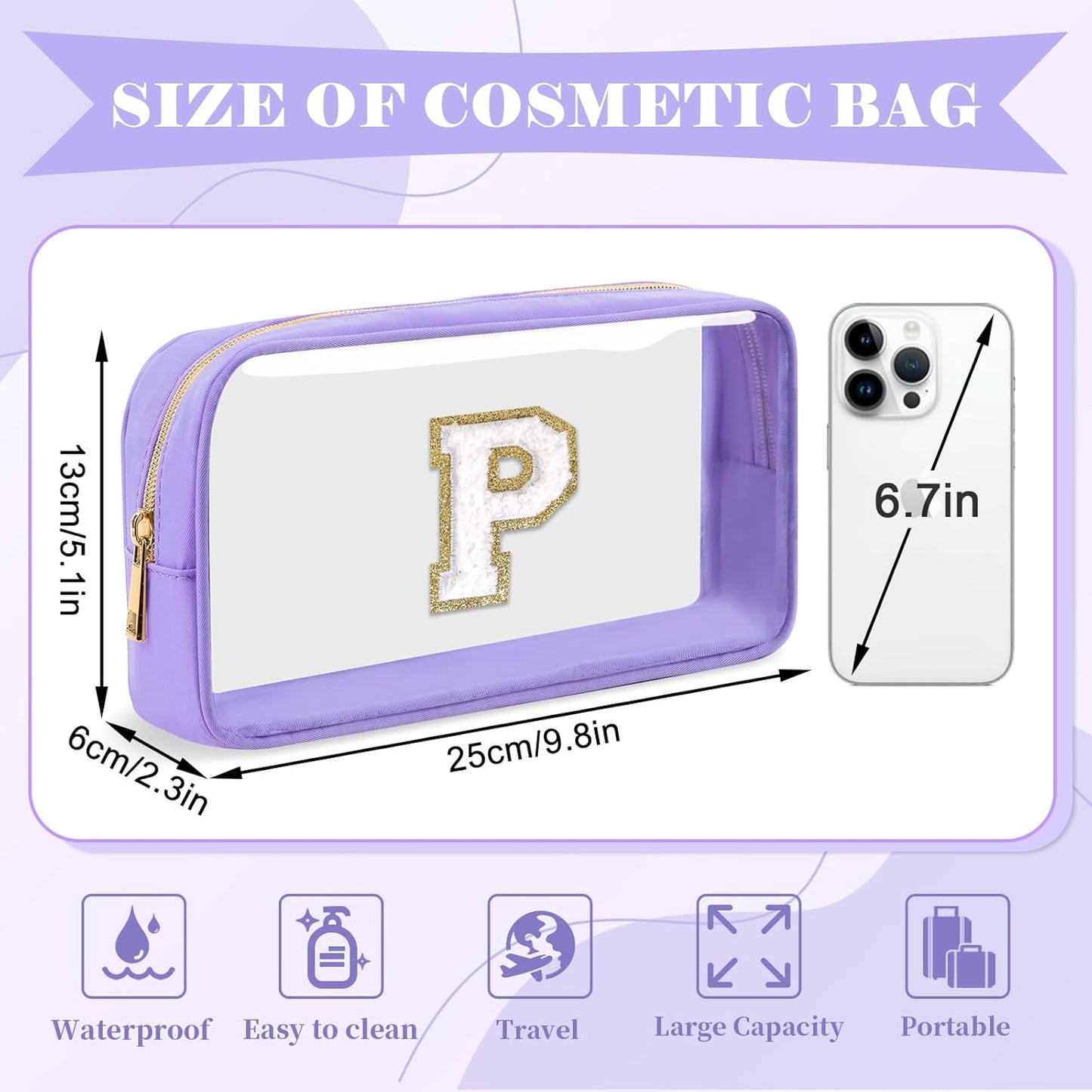 Personalized Initial Letter Clear Makeup Bag,Preppy Small Nylon&PVC Cosmetic Zipper Bag with Chenille Letter,Travel Skincare Toiletry Bag,Monogram Christmas Gift for Teen Girls Women,P
