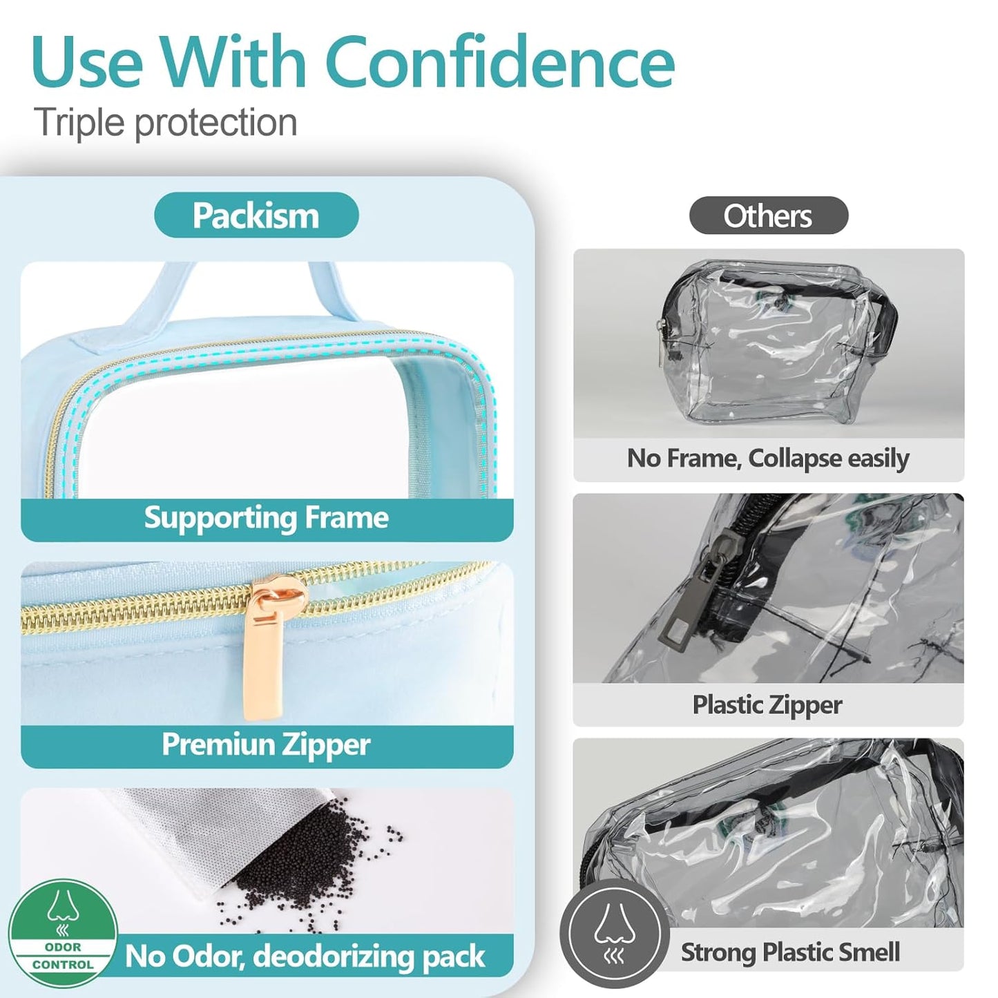 PACKISM Clear Makeup Bag - 3 Pack TSA Approved Toiletry Bag with Handle and 180° Large Opening