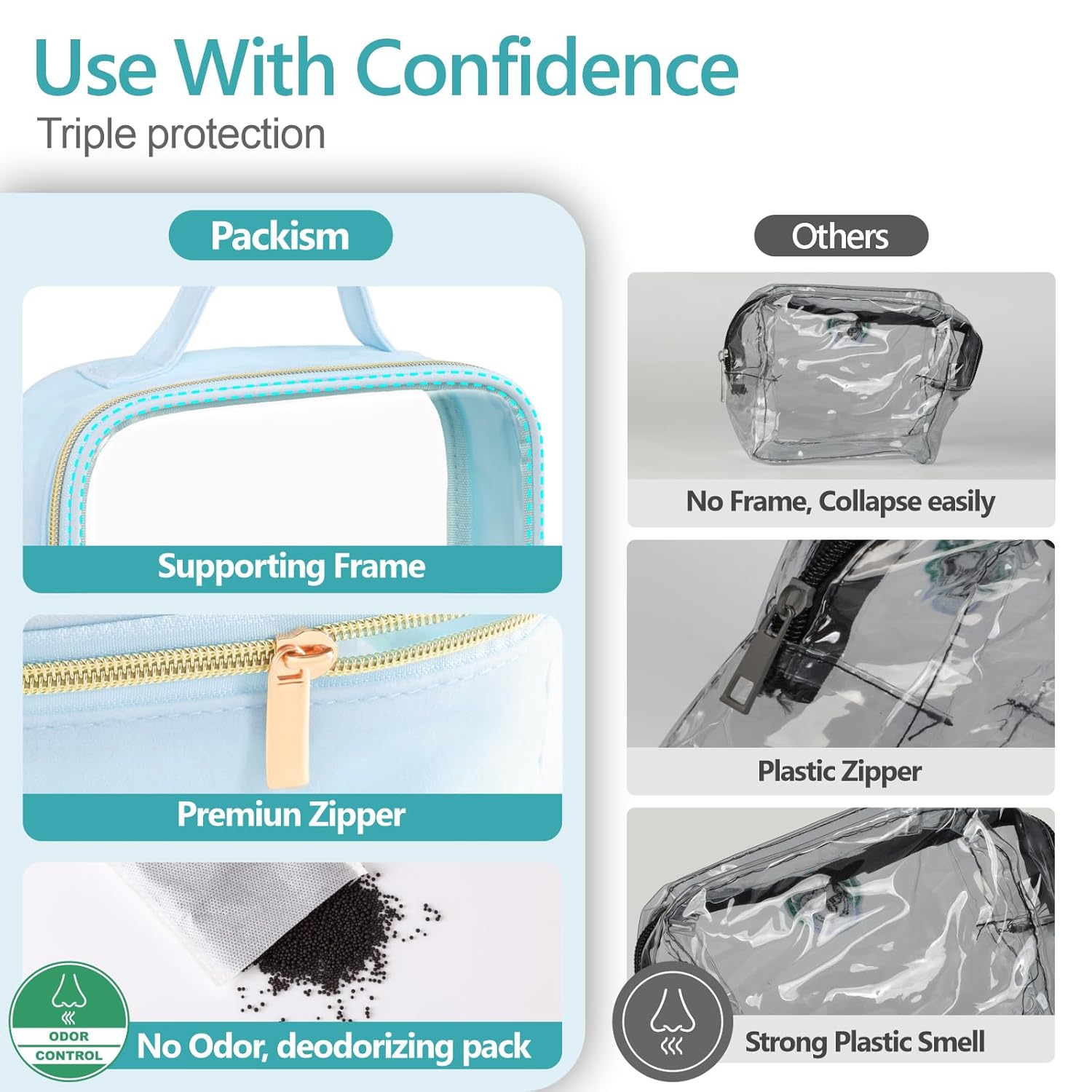 PACKISM Clear Makeup Bag - 3 Pack TSA Approved Toiletry Bag with Handle and 180° Large Opening