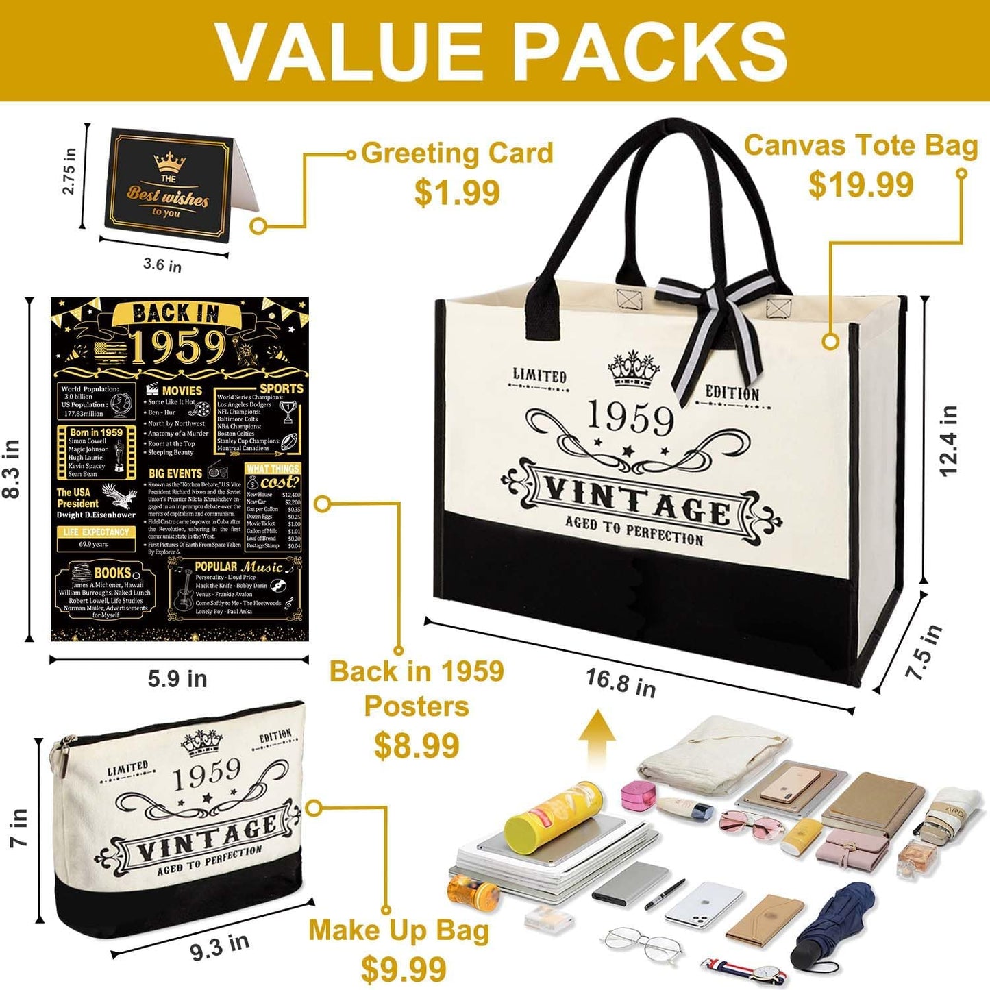 YeohJoy 66th Birthday Gifts for Women Canvas Tote Bag Travel Gear, Unique 66 Years Old Birthday Gifts for Girlfriend Sister Friends Her, Vintage 1959 Handbag & Cosmetic Bag & Back in 1959 Poster