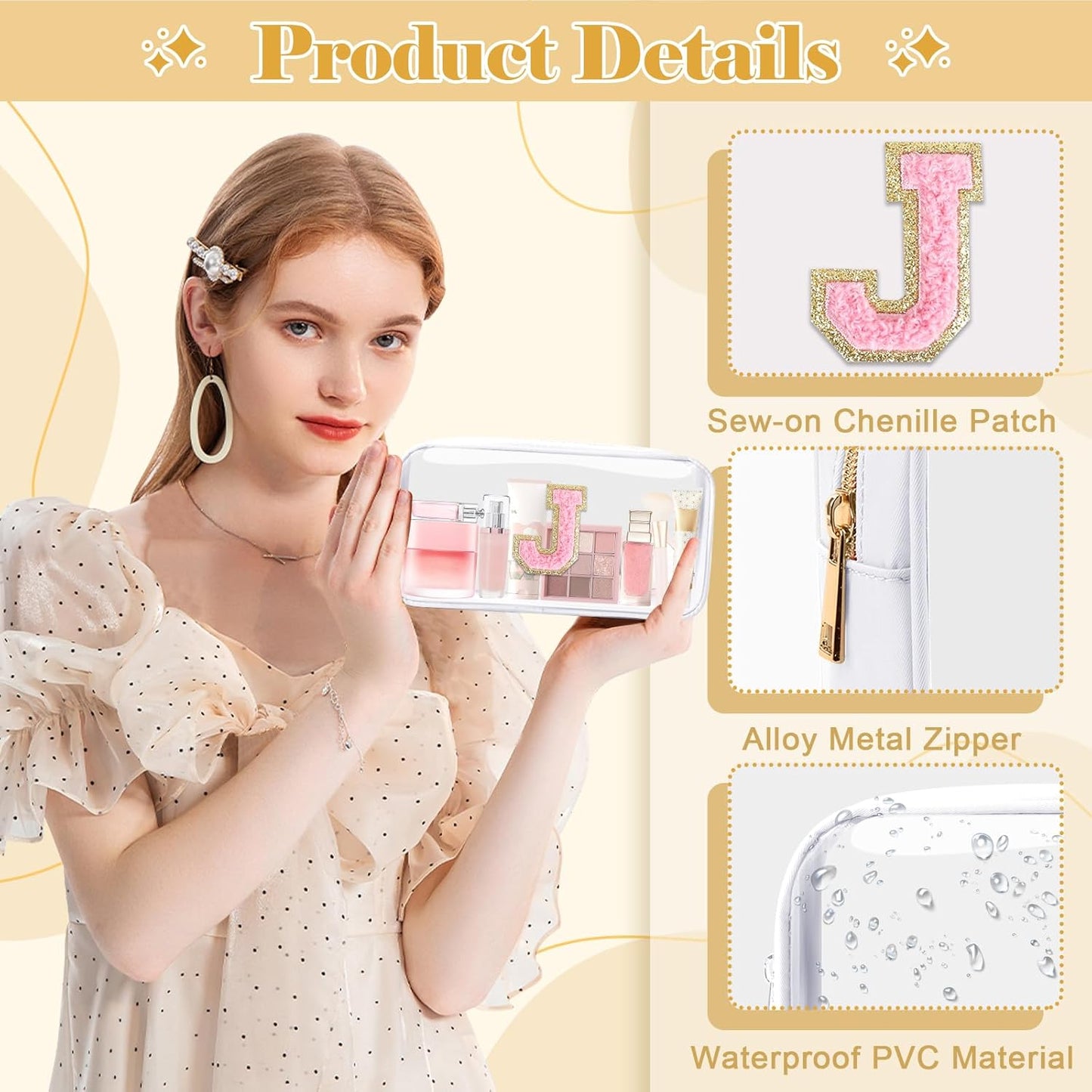 Personalized Initial Letter Clear Makeup Bag,Preppy Small Nylon&PVC Cosmetic Zipper Bag with Chenille Letter,Travel Skincare Toiletry Bag,Monogram Christmas Gift for Teen Girls Women,J