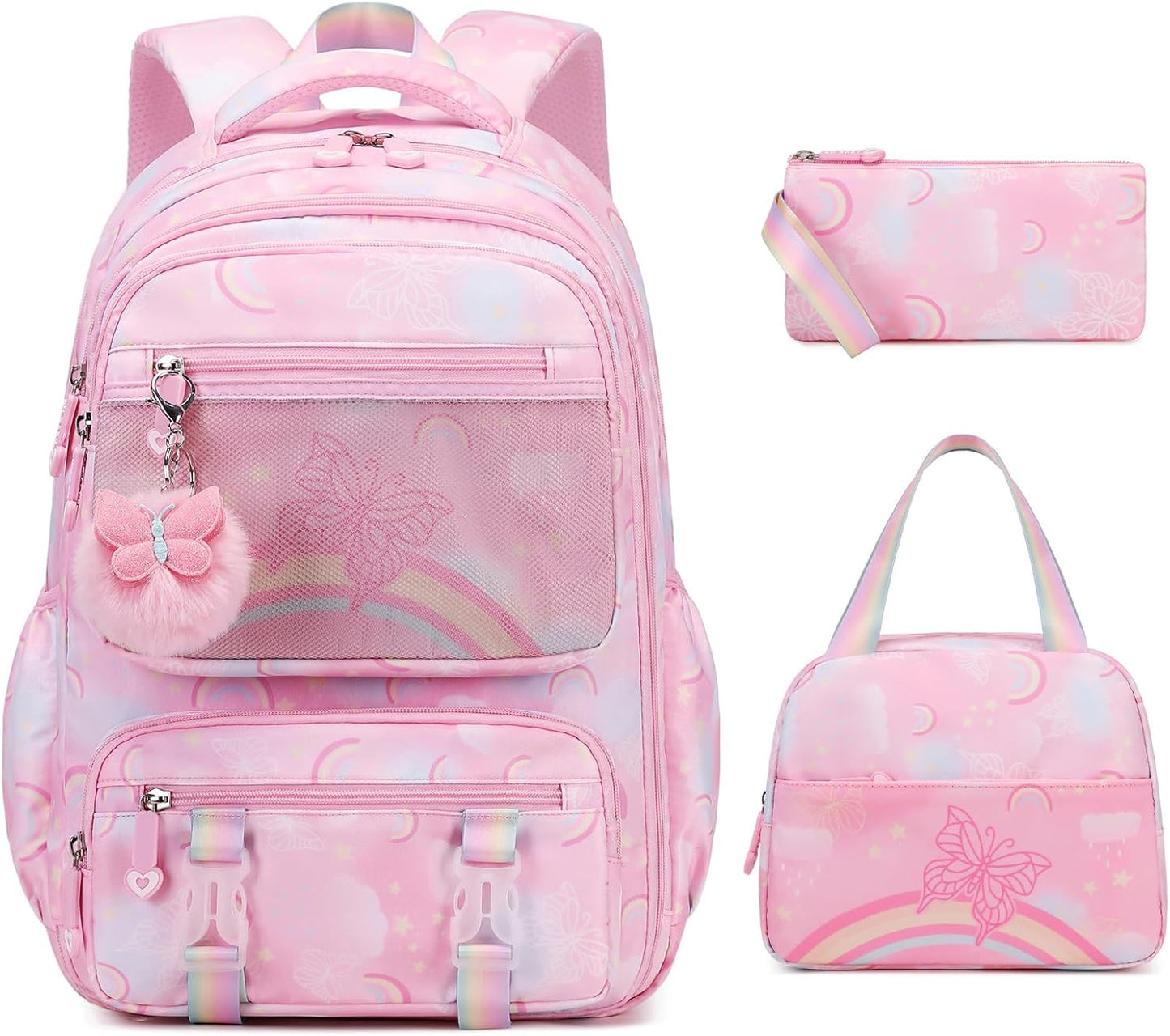 Backpack for Girls, Rainbow Butterfly Girls Backpacks with Lunch Bag Pencil Case Set, Kids Backpack