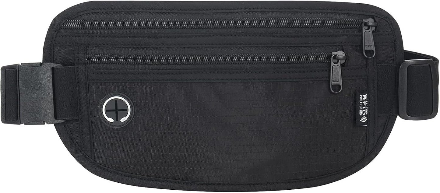 Slim RFID Blocking Money Belt for Travel - Anti-Theft Hidden Passport Holder Waist Wallet with Secure Pouch for Cash, Credit Cards & Phone Safe (Black)