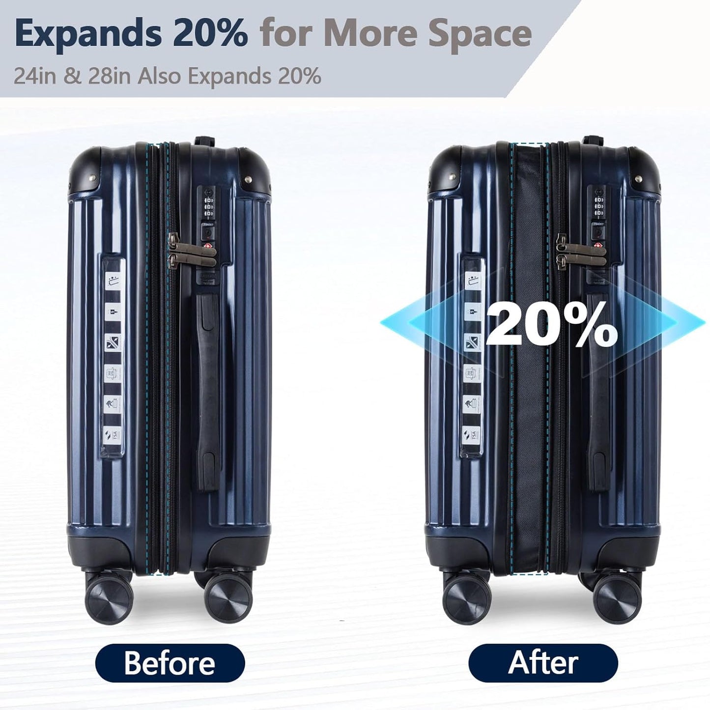 OUZZO 3-Piece Luggage Set, Hard-Shell Suitcases with USB Charging Port, 20/24/28-inch Spinner Wheels, Corner Protectors, TSA Approved, Expandable Luggage, Blue