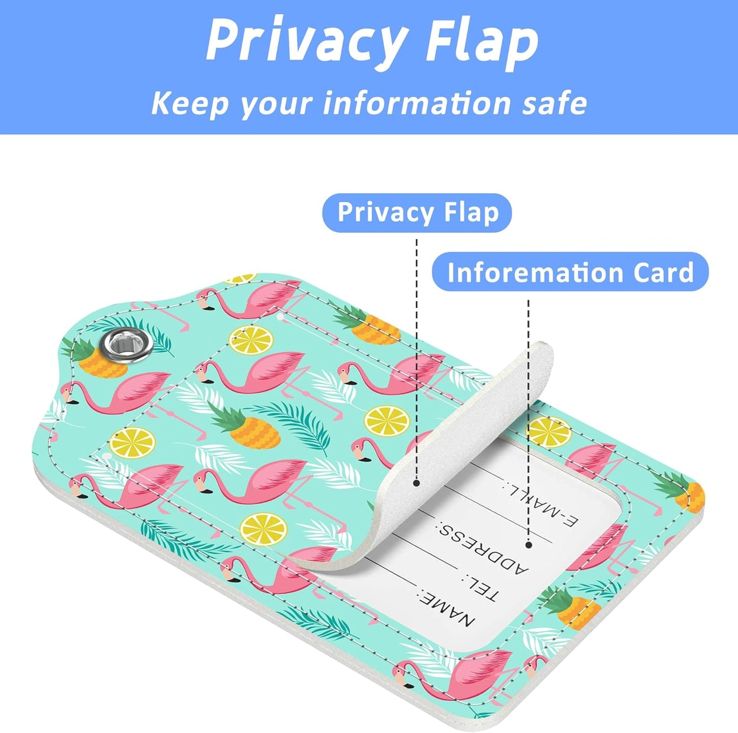Luggage Tags for Suitcase Flamingo Pineapples and Exotic Leaves 2 PCS Leather Travel Cruise Luggage Tag with Stainless Steel Loop Name ID Label Privacy Cover for Women Men Travel Bag Labels Set