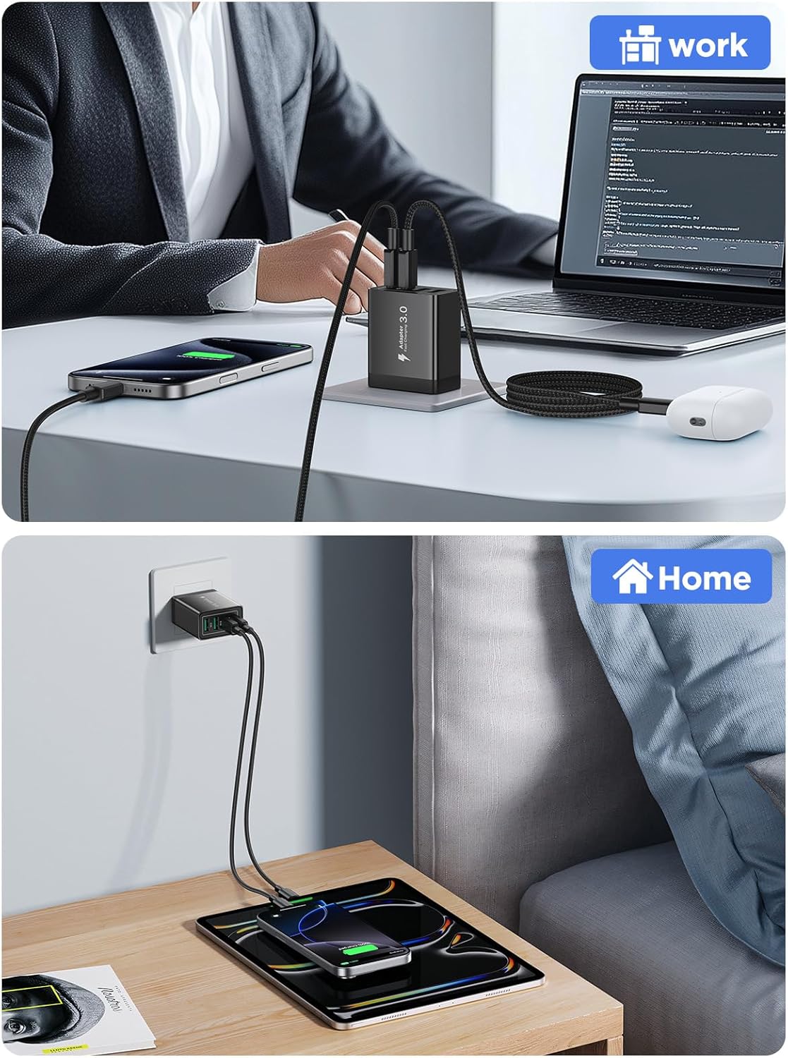 40W USB C Charger Cube, 2Pack 4-Ports Wall Plug Fast Charging Block with 6FT USBC to USBC Cord