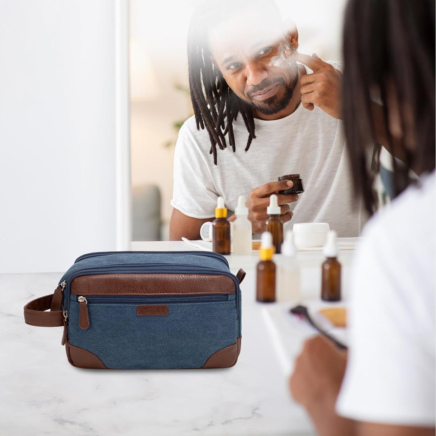 Travel Toiletry Bag for Men - Canvas Toiletries Bag with Multiple Pockets Large Hanging Travel Kit Bag for Toiletries Essentials Accessories - Navy Blue