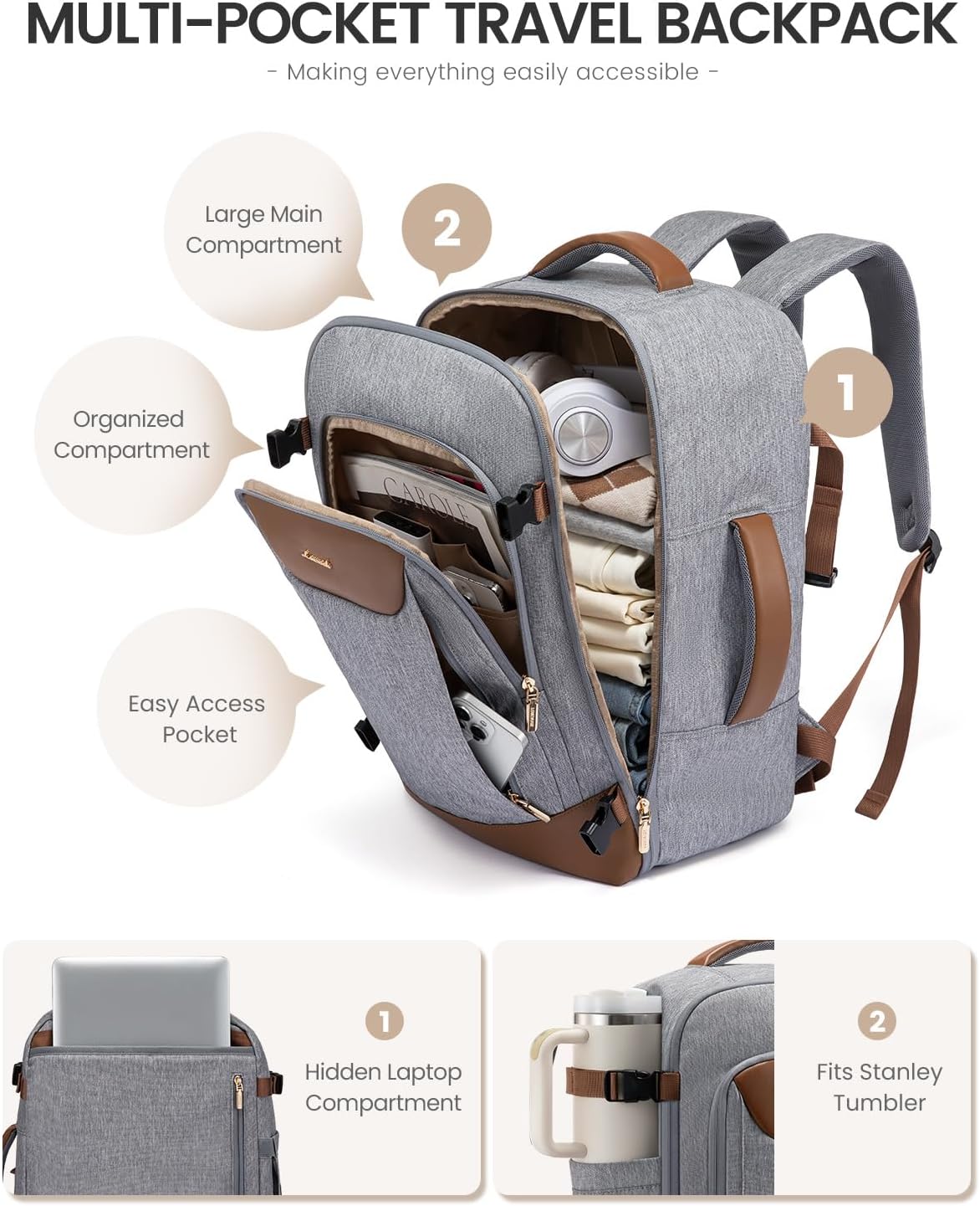 LOVEVOOK 40L Travel Backpack for Women Men, Large Carry on Backpack for Airplanes TSA Personal Item Travel Bag fits 15.6" Laptop, Waterproof Weekender Essentials Airline Approved with 2 Packing Cubes