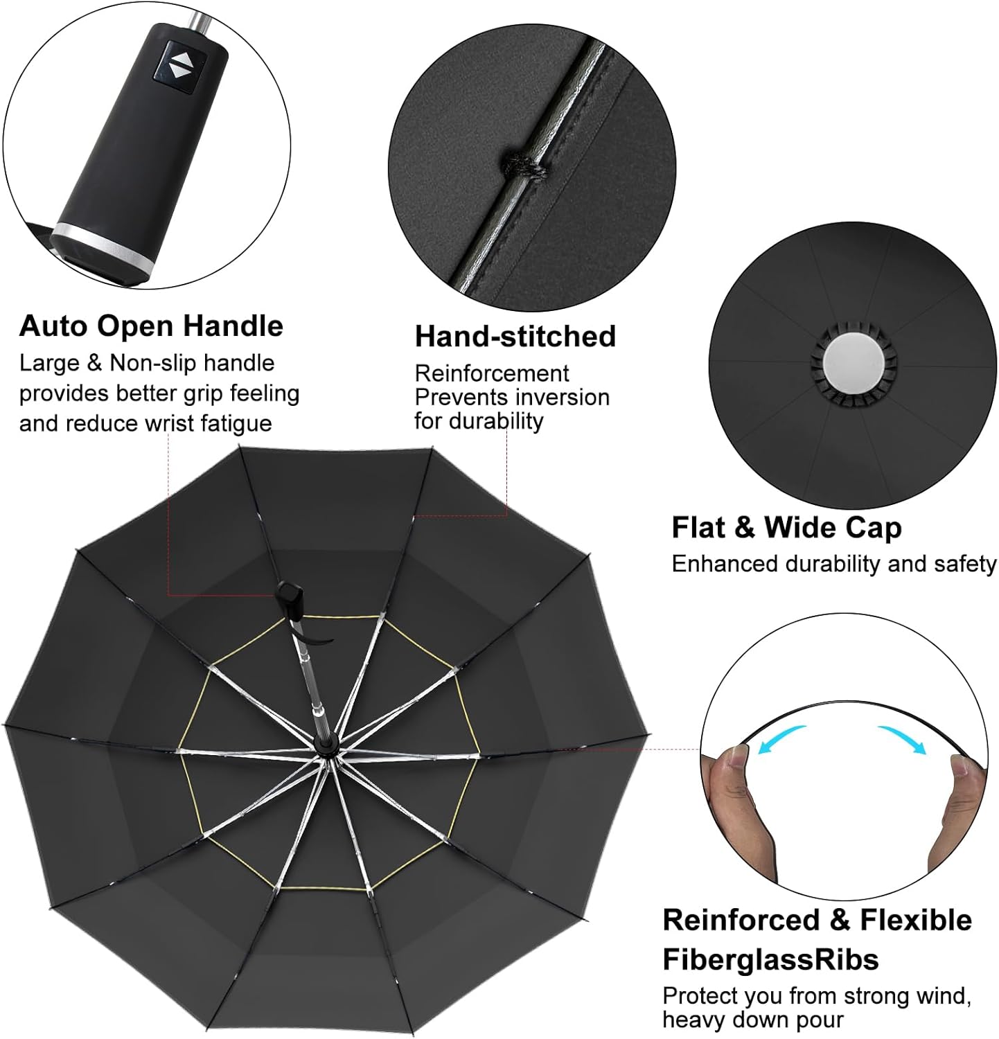 Satol Extra Large Golf Umbrella, 46/54/62 Inch Windproof 10 Ribs Vented Double Canopy Reflective Strips Automatic Open/Close Waterproof UV Protection Portable Compact Umbrella for Outdoor & Travel
